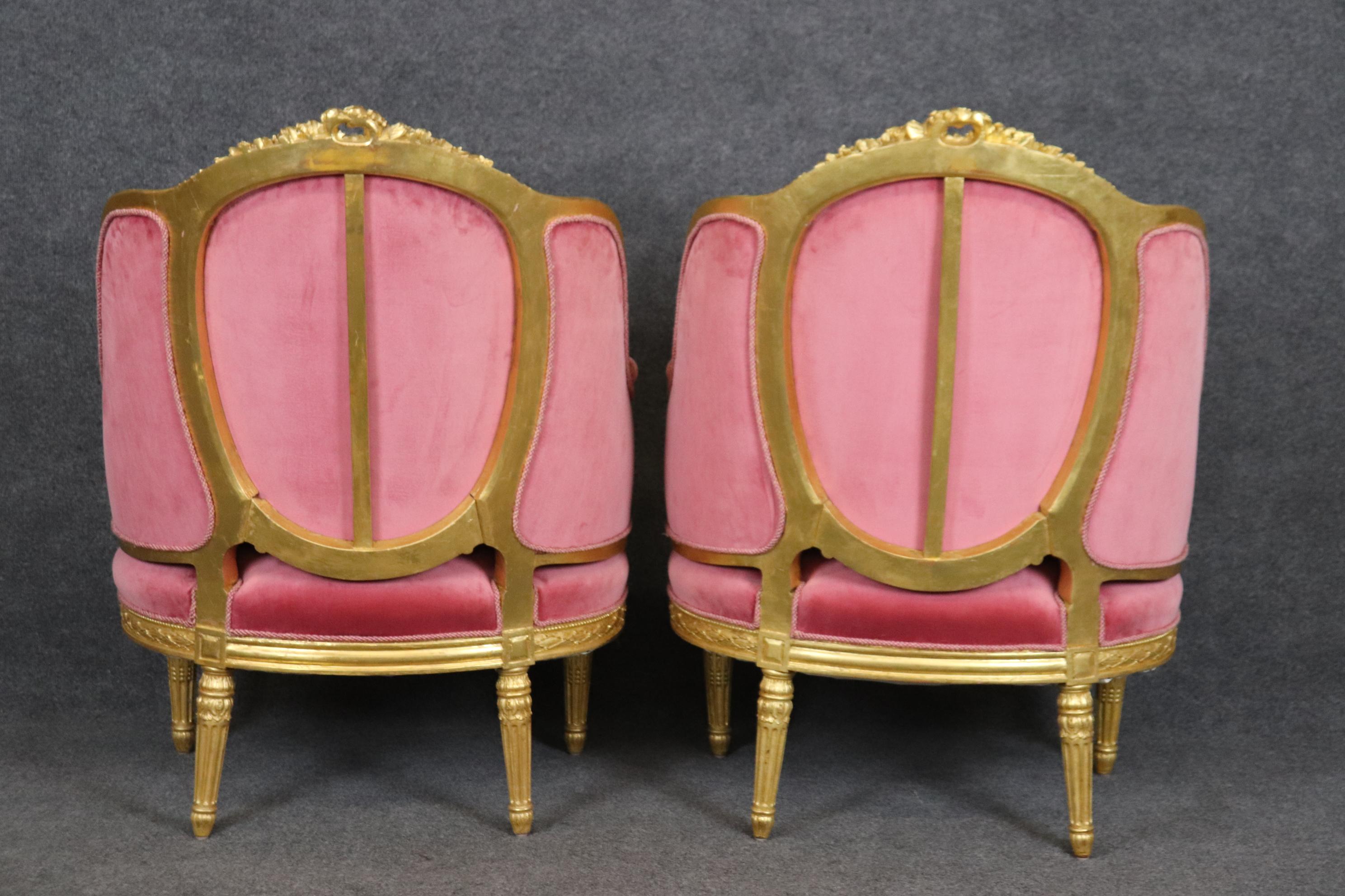 Fine Pair Genuine Gold Leaf Carved French Louis XVI Style French Bergeres  For Sale 2