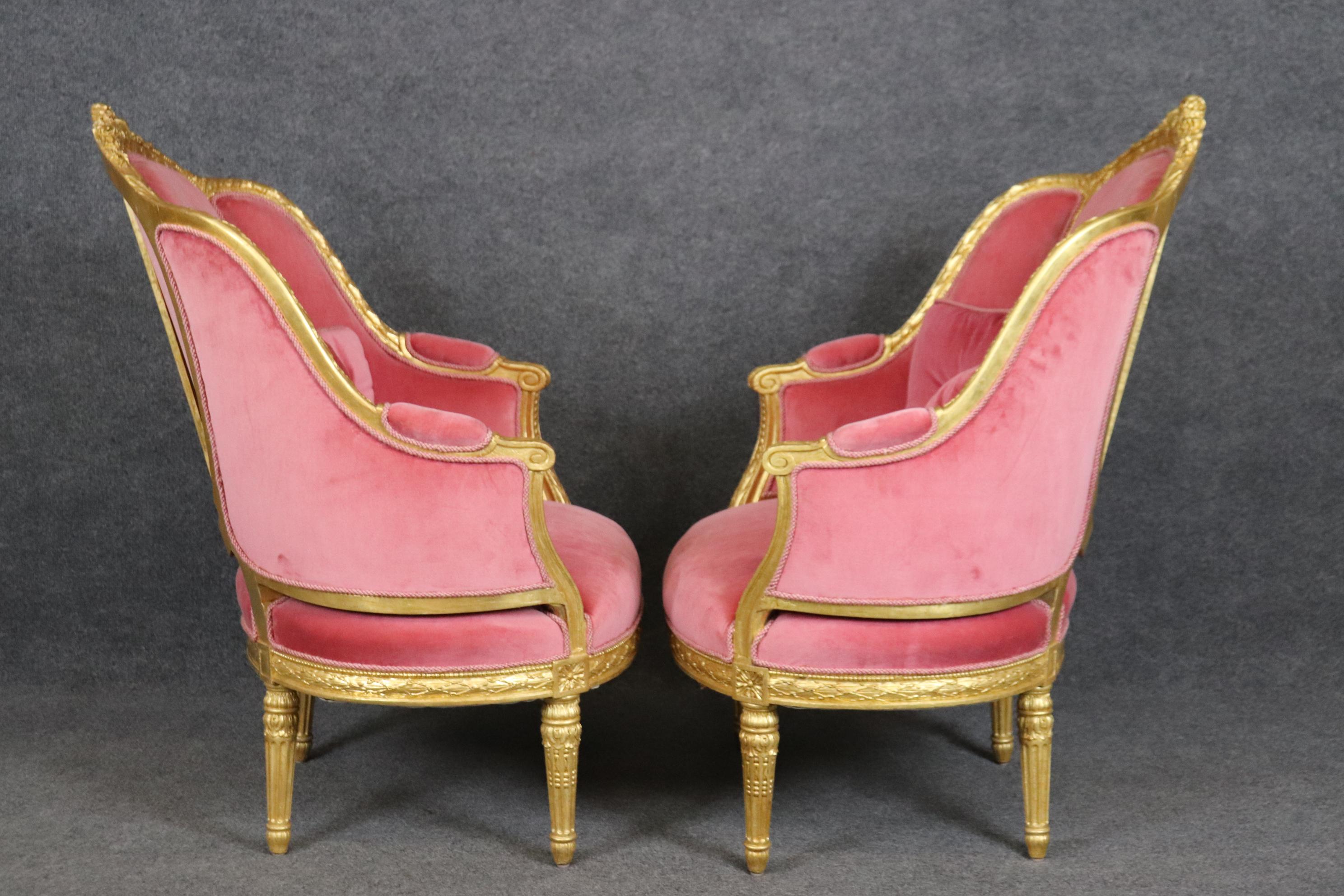 Fine Pair Genuine Gold Leaf Carved French Louis XVI Style French Bergeres  For Sale 3
