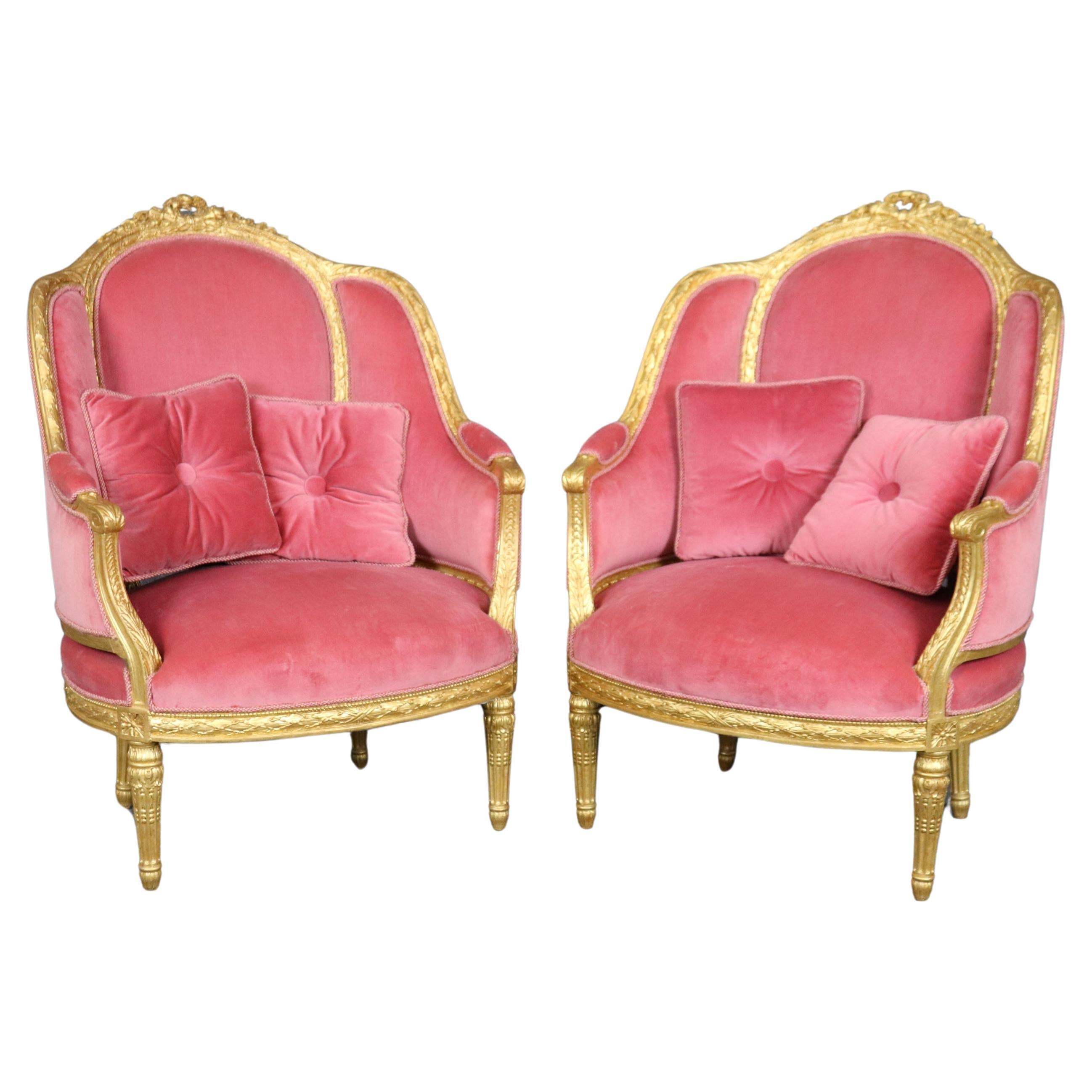 Fine Pair Genuine Gold Leaf Carved French Louis XVI Style French Bergeres  For Sale