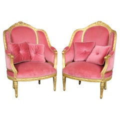 Fine Pair Genuine Gold Leaf Carved French Louis XVI Style French Bergeres 