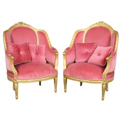 Fine Pair Genuine Gold Leaf Carved French Louis XVI Style French Bergeres