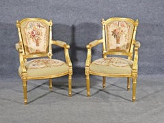 Fine Pair Gilded French Louis XVI Aubusson Upholstered Fauteuils Armchairs