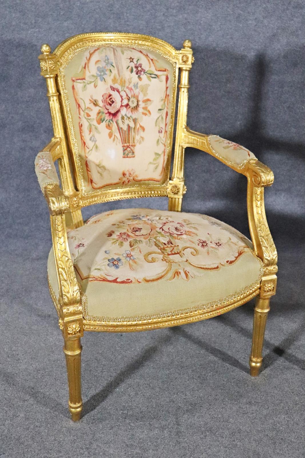 Early 20th Century Fine Pair Gilded French Louis XVI Aubusson Upholstered Fauteuils Armchairs