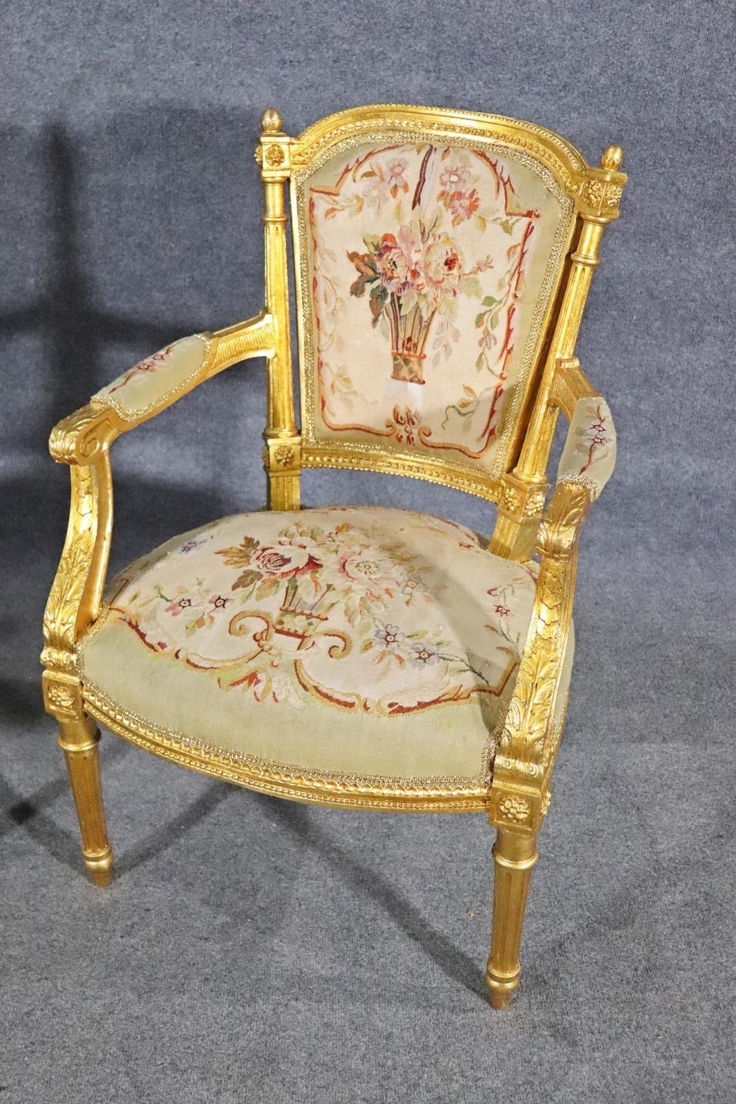 Walnut Fine Pair Gilded French Louis XVI Aubusson Upholstered Fauteuils Armchairs