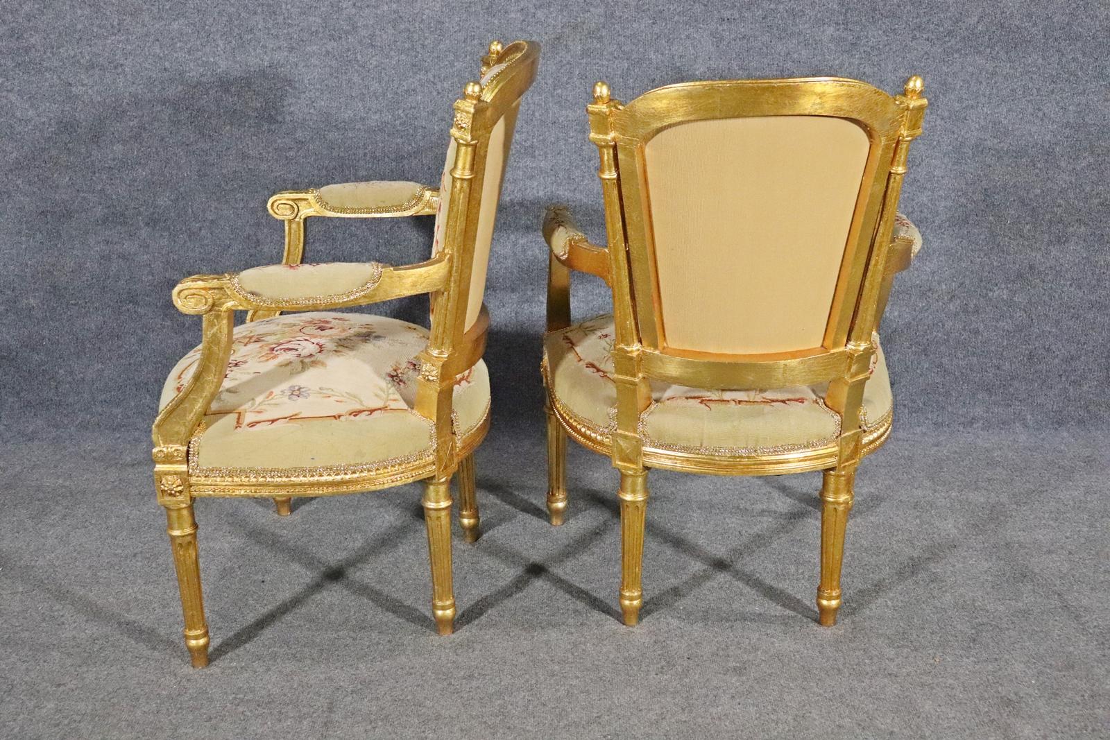 Fine Pair Gilded French Louis XVI Aubusson Upholstered Fauteuils Armchairs 4