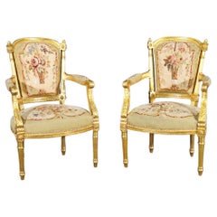 Fine Pair Gilded French Louis XVI Aubusson Upholstered Fauteuils Armchairs