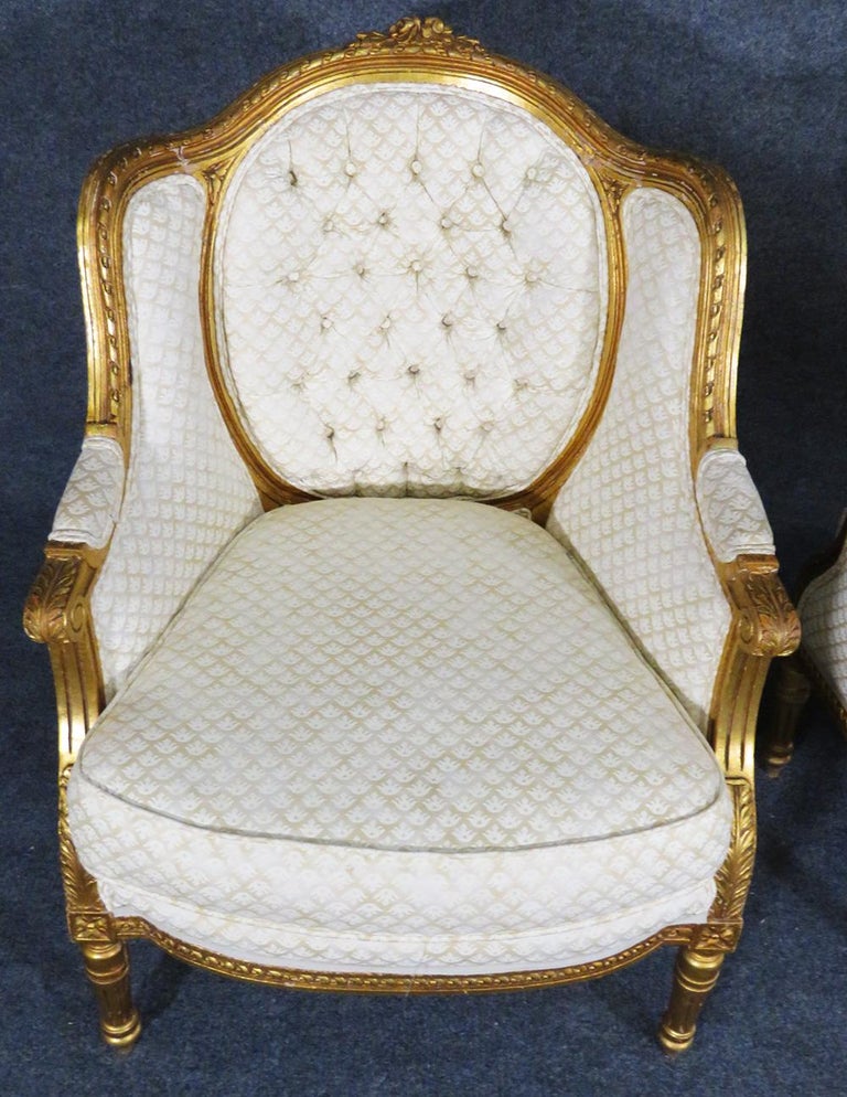 Fine Pair of Gilded French Louis XVI Bergère Lounge Chairs, circa 1920s