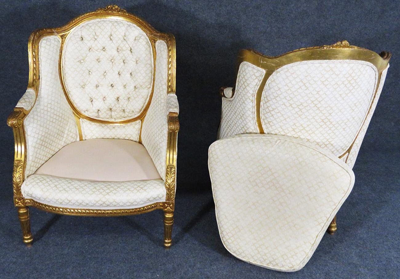 Fine Pair of Gilded French Louis XVI Bergère Lounge Chairs, circa 1920s 1