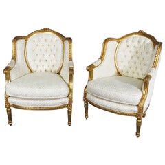 Fine Pair of Gilded French Louis XVI Bergère Lounge Chairs, circa 1920s