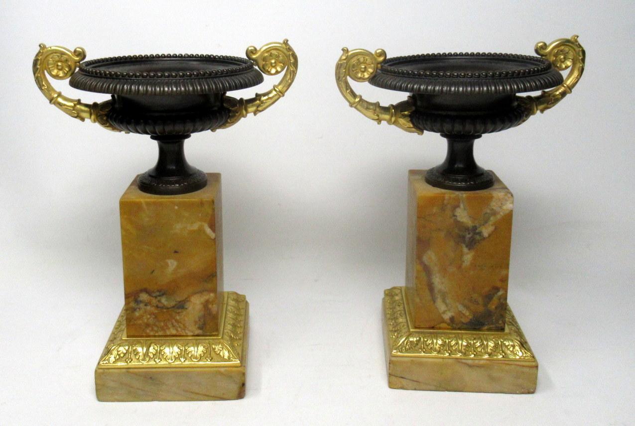 A very fine pair of French bronze and well grained Sienna marble Grand Tour twin handle Tazza of compact proportions. First quarter of the 19th century. 

Each circular bowl with lobed reeded body and decorative moulded thumb detail rims and twin