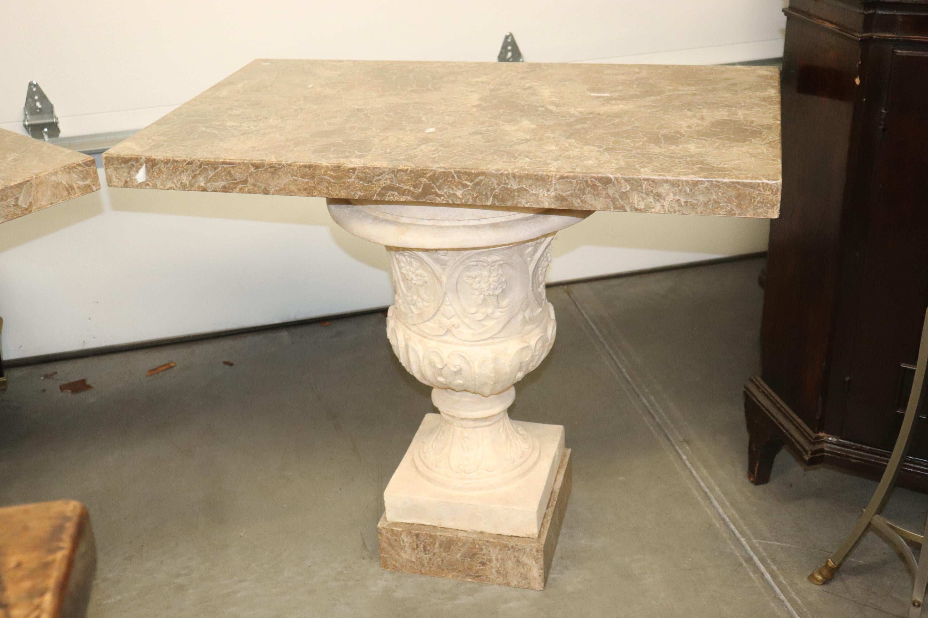 Neoclassical Revival Fine Pair Italian Neoclassical Style Faux Marble Urn Console Tables For Sale
