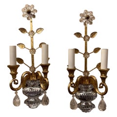 Fine Pair Italian Petite Rock Crystal Baguès Urn Flower Sherle Wagner Sconces