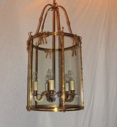 Wonderful Large Doré Bronze Louis XVI Lantern Fixture Curved Glass Panels Bows