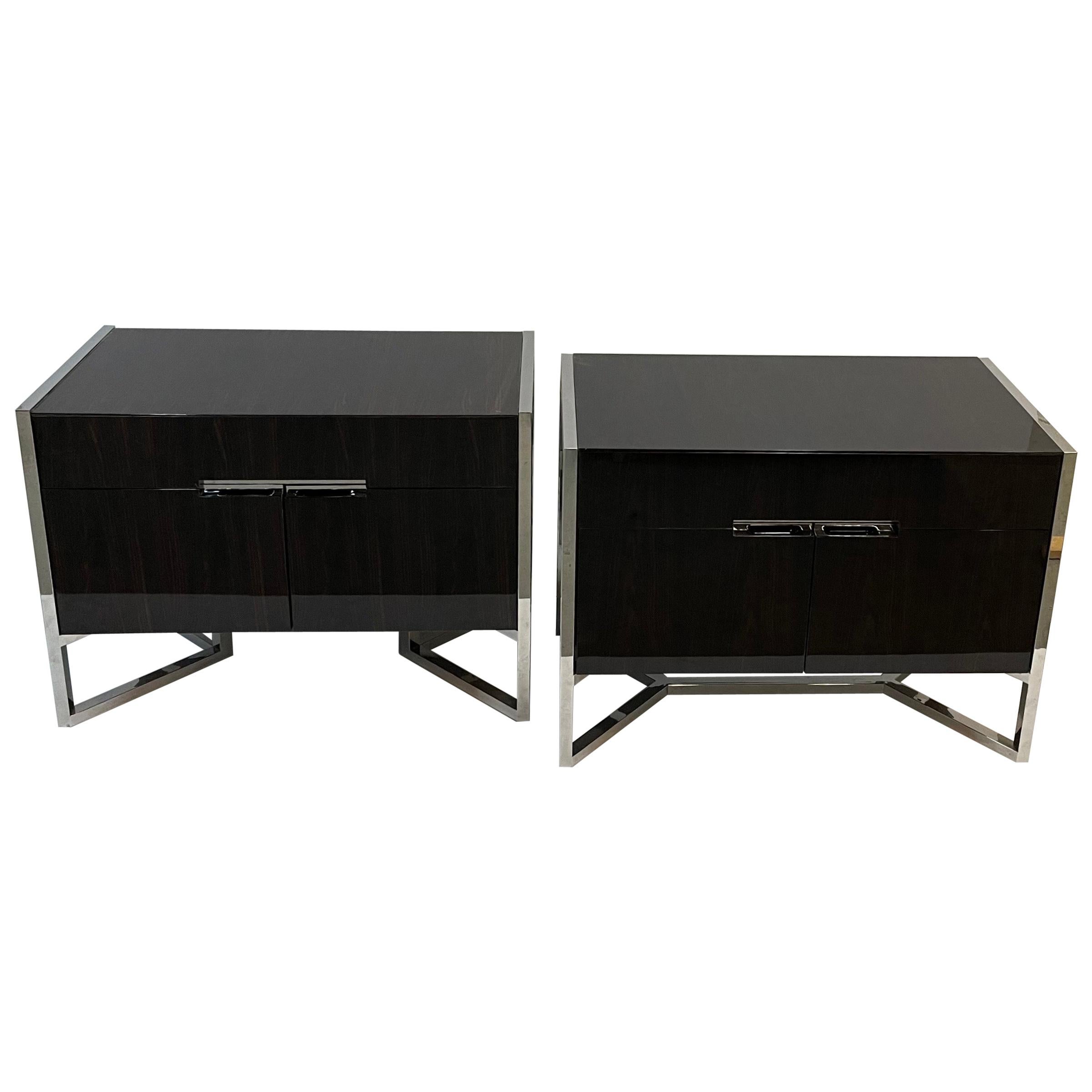 Fine Pair Lorin Marsh Curly Macassar Ebony Polished Nickel Chests Cabinets
