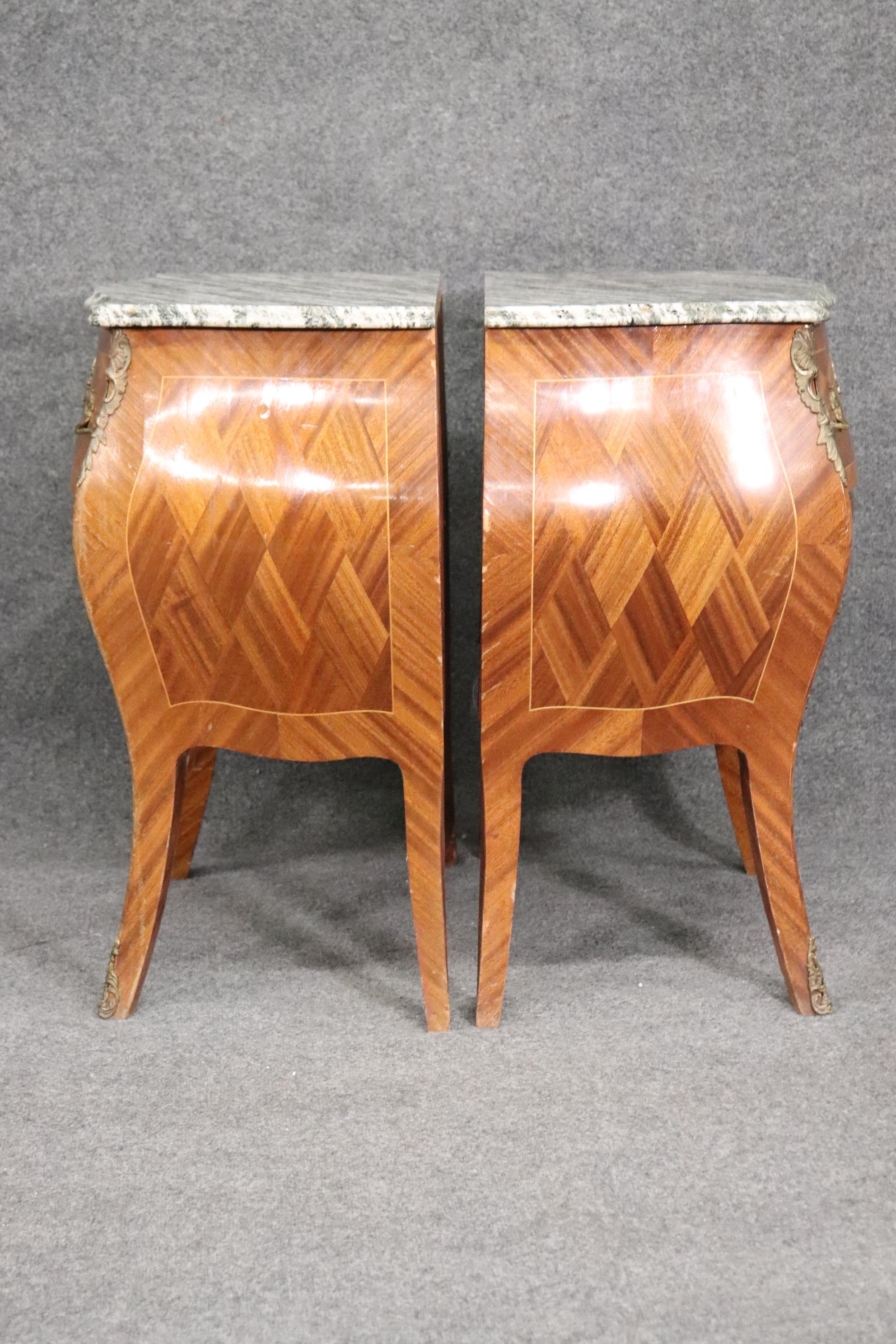 Mid-20th Century Fine Pair Marble Top French Bombe Form Nightstands Louis XV, Circa 1940