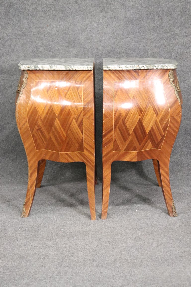Fine Pair Marble Top French Bombe Form Nightstands Louis XV, Circa 1940