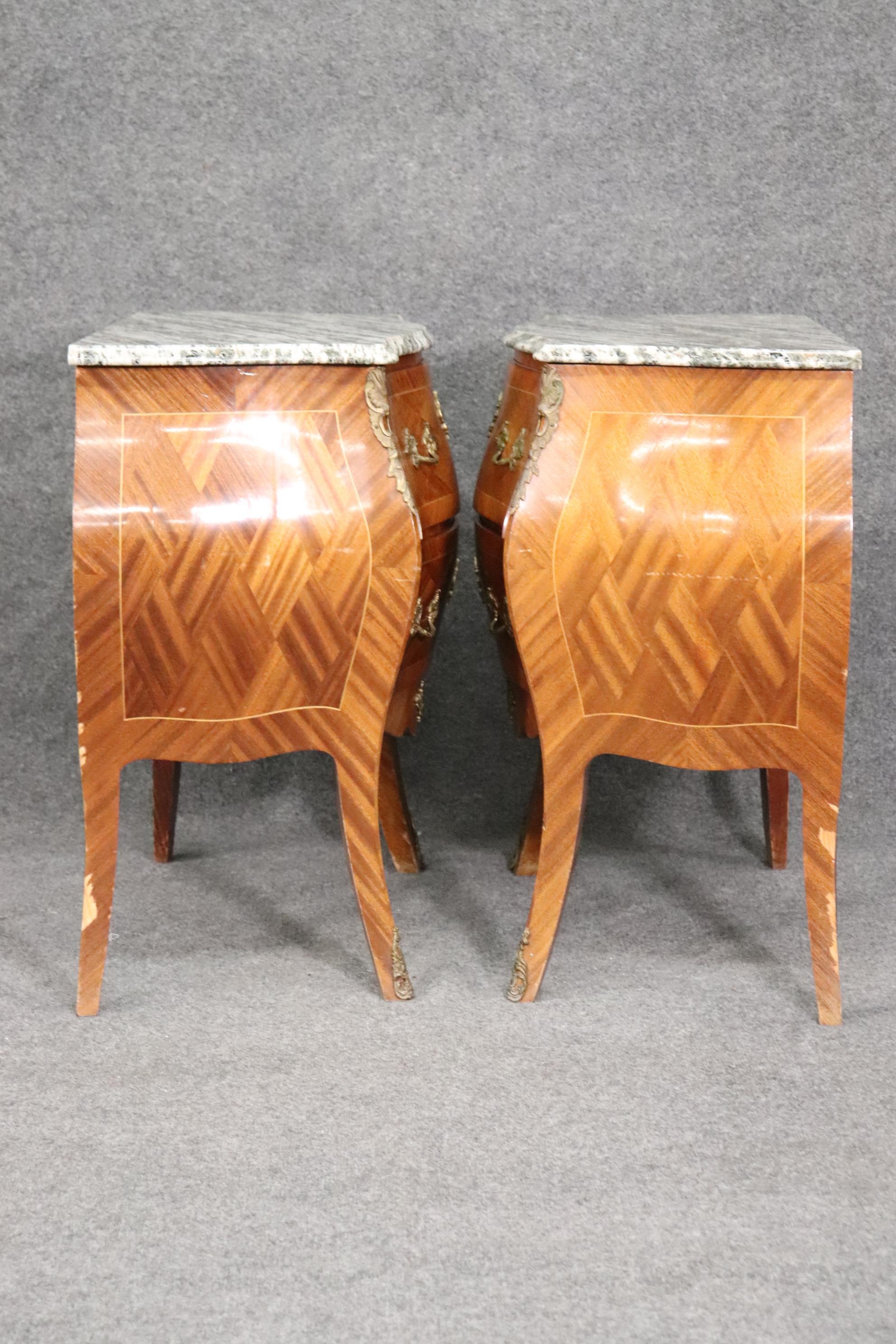 Fine Pair Marble Top French Bombe Form Nightstands Louis XV, Circa 1940 1