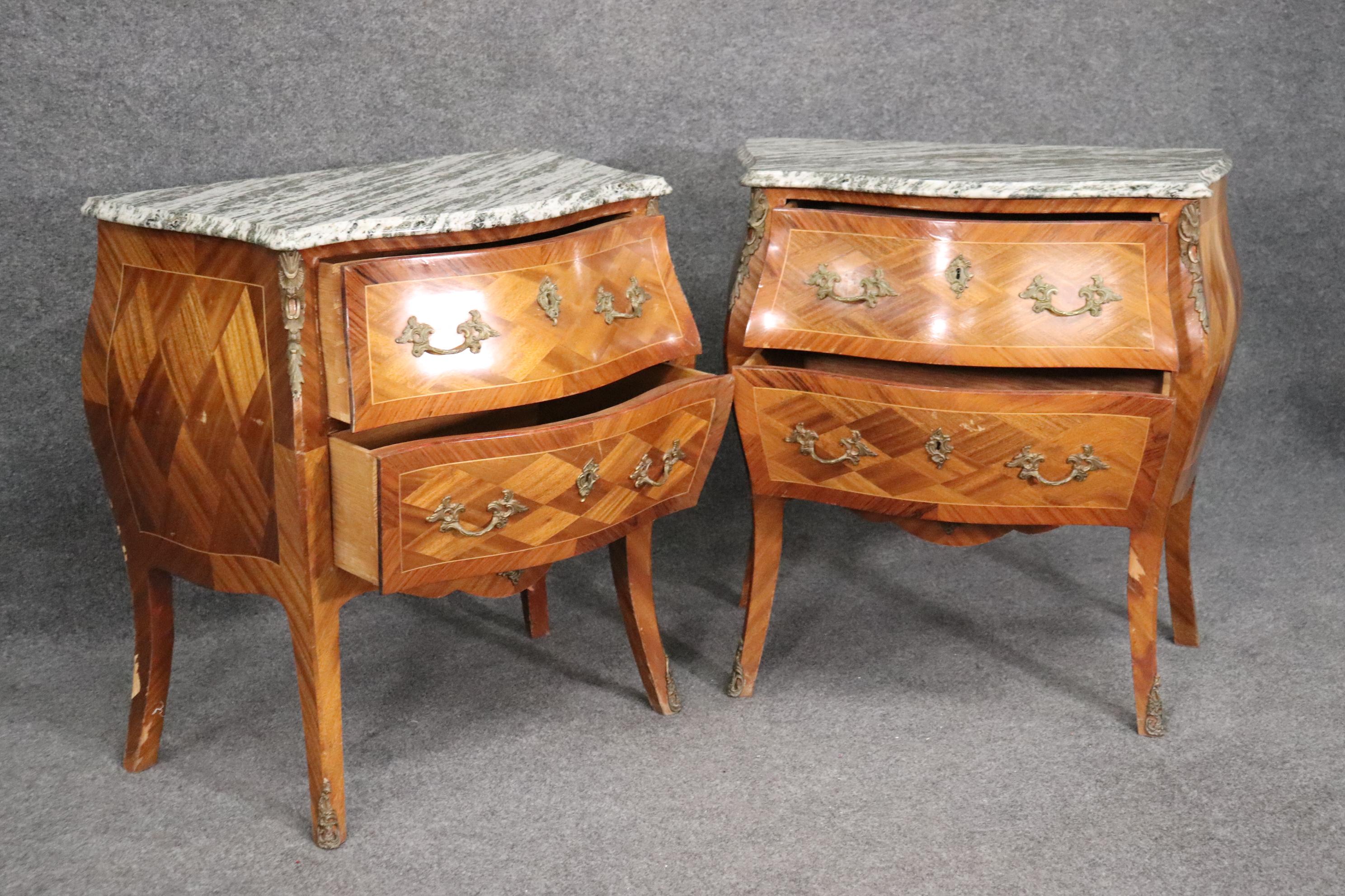Fine Pair Marble Top French Bombe Form Nightstands Louis XV, Circa 1940 2