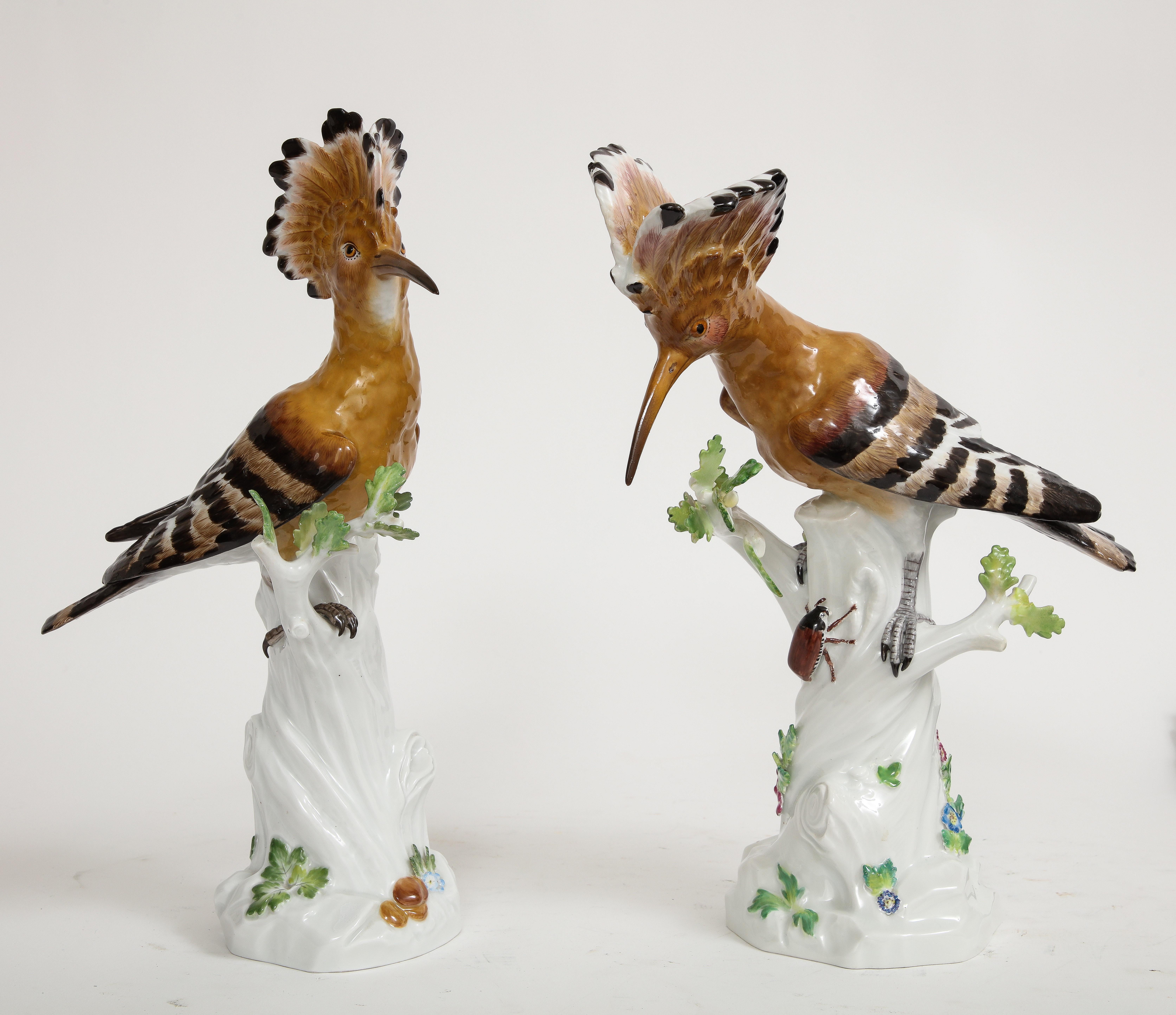 Fino par de figuras de porcelana de Meissen de pájaros abubilla posados en ramas blancas Rococó en venta