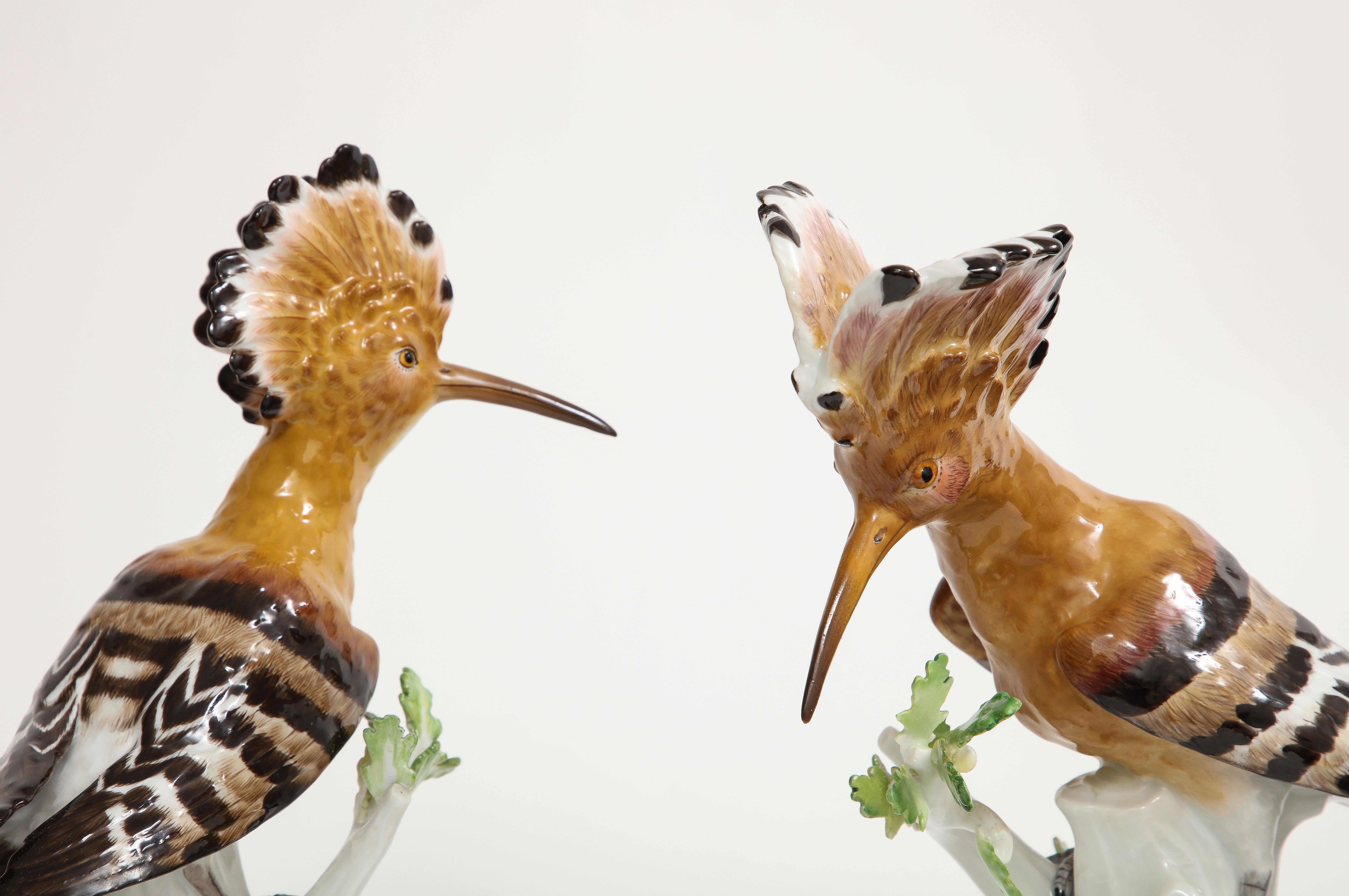 Fino par de figuras de porcelana de Meissen de pájaros abubilla posados en ramas blancas en venta 1