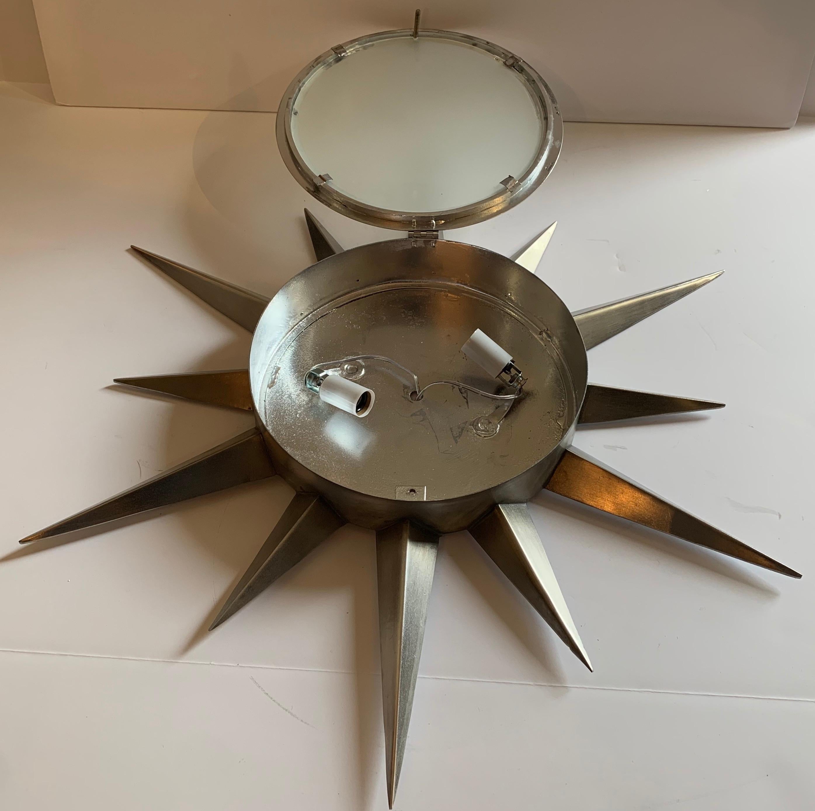 Italian Fine Mid-Century Modern Brushed Brass Star Glass Flush Mount Light Fixture