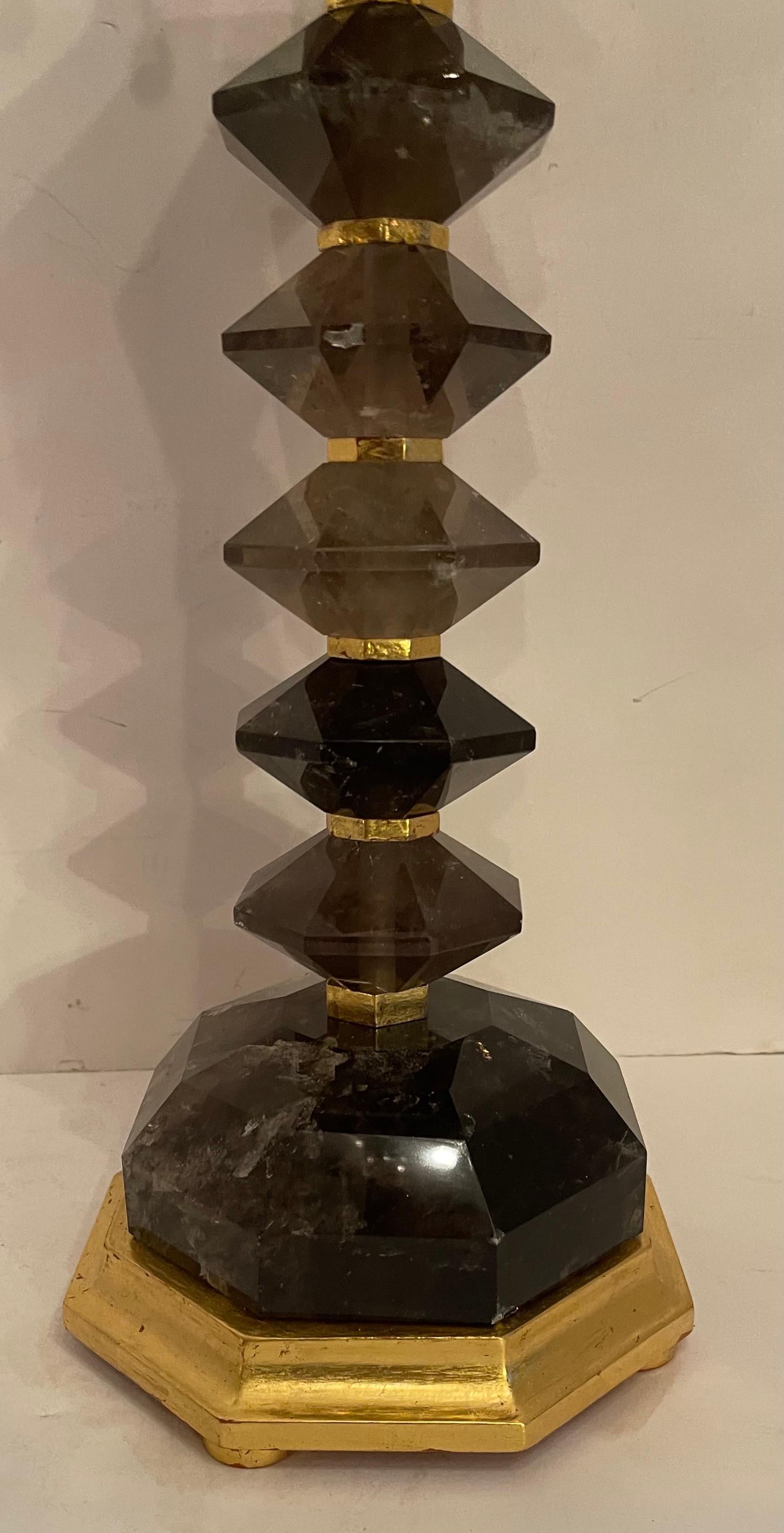 Fine Pair Mid-Century Modern Tea Rock Crystal Smoke Quartz Gilt Bagues Lamps In Good Condition For Sale In Roslyn, NY