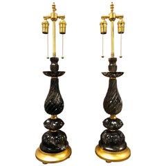 Fine Pair Mid-Century Modern Tea Rock Crystal Smoke Quartz Gilt Bagues Lamps