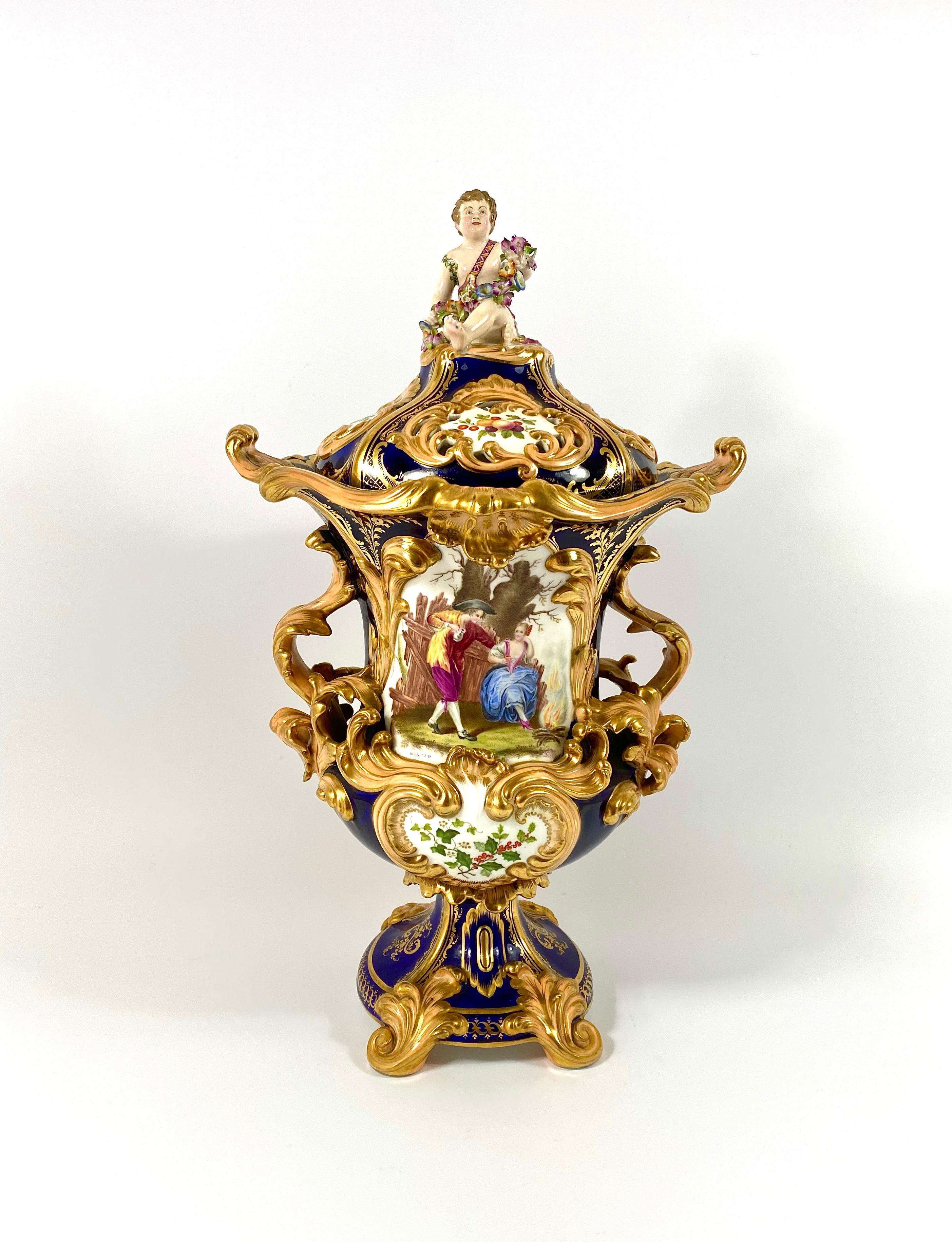 An exceptionally fine and sumptuous pair of Minton porcelain ‘New Vases’, c. 1830. The Campana shaped pedestal vases, beautifully hand painted with titled scenes of revelling couples, wearing 18th Century costume, and representing The Four Seasons,