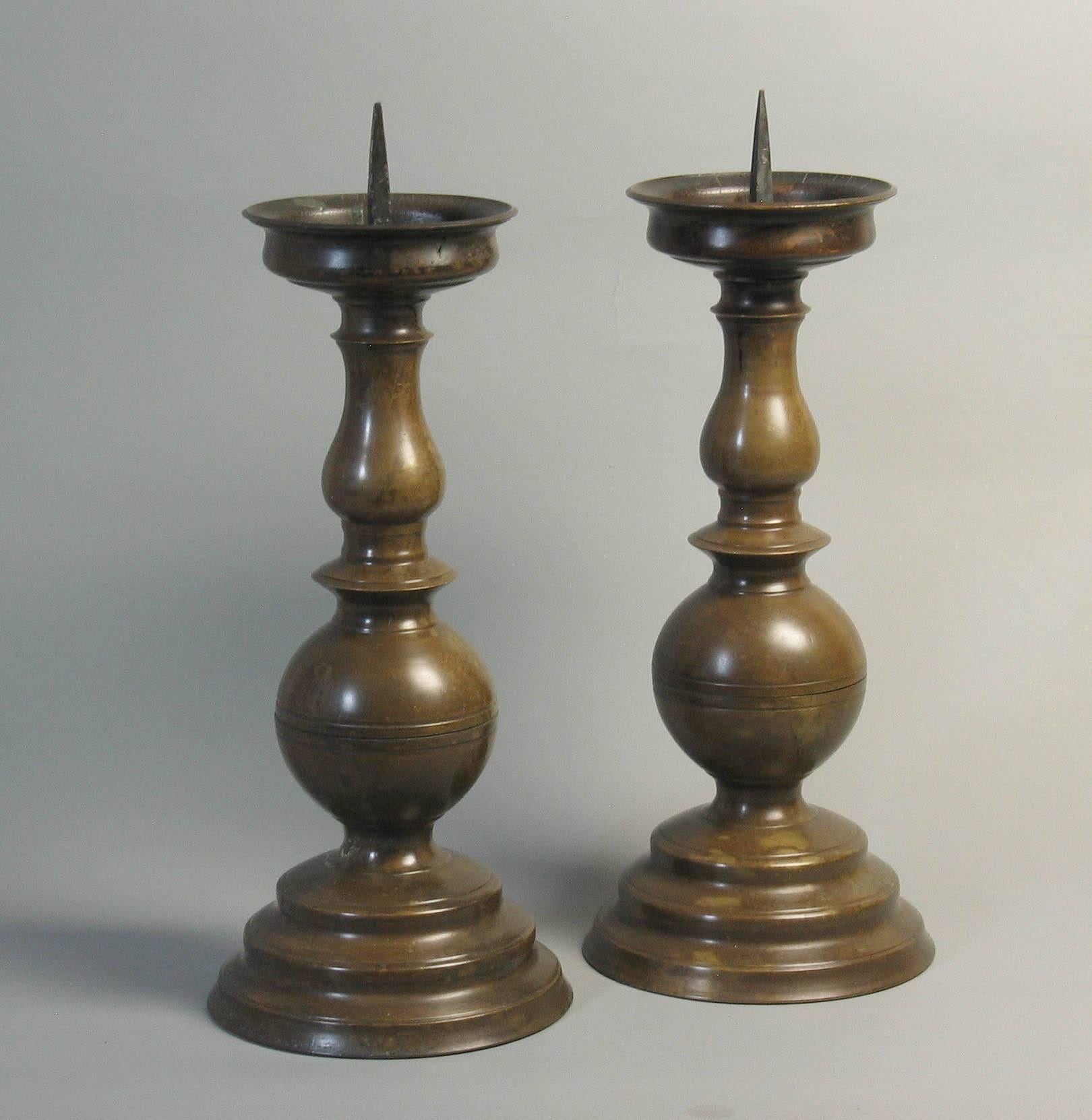 Fine Pair of 17th Century Style Flemish Patinated Bronze Pricket Candlesticks 4