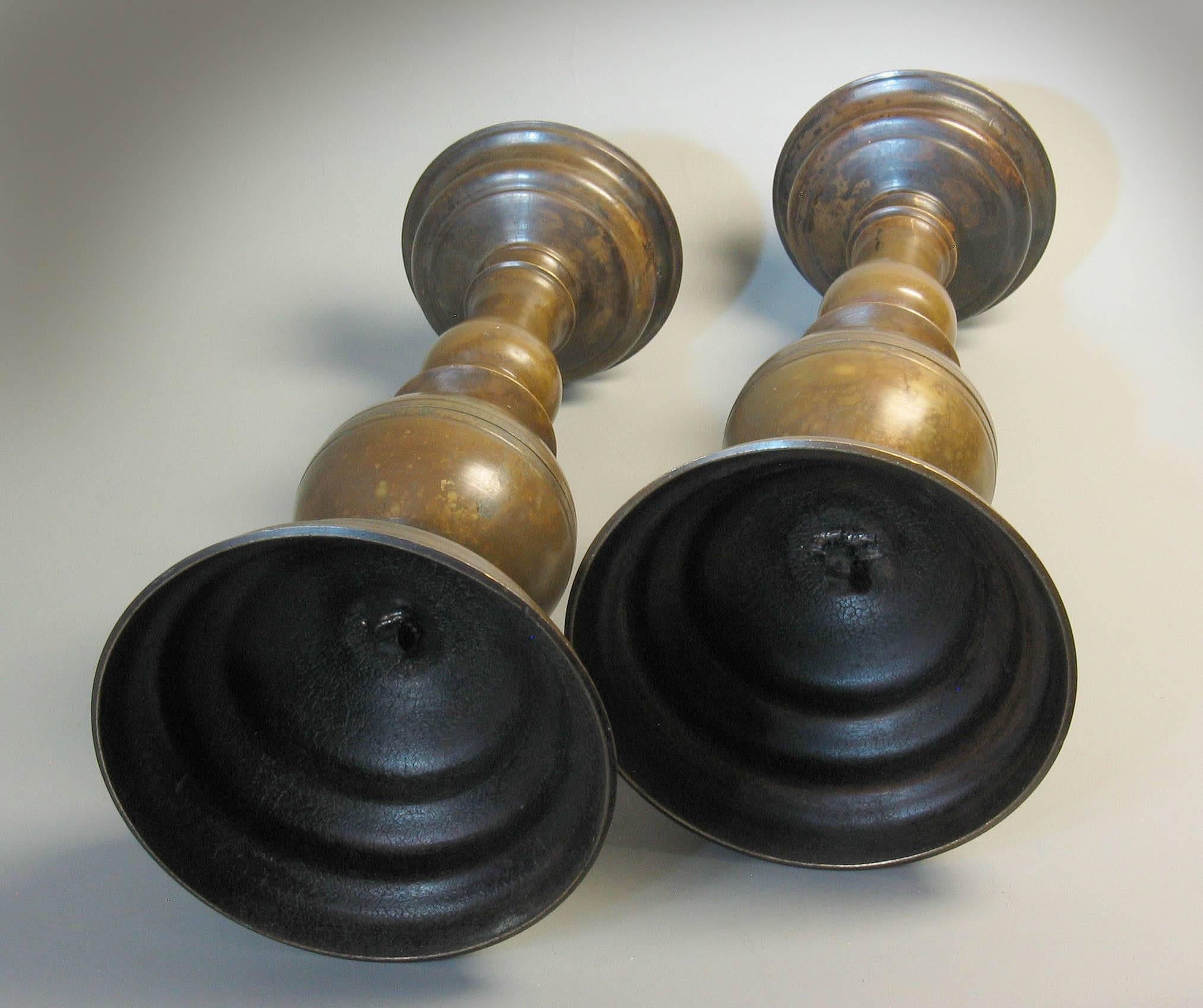 Dutch Colonial Fine Pair of 17th Century Style Flemish Patinated Bronze Pricket Candlesticks
