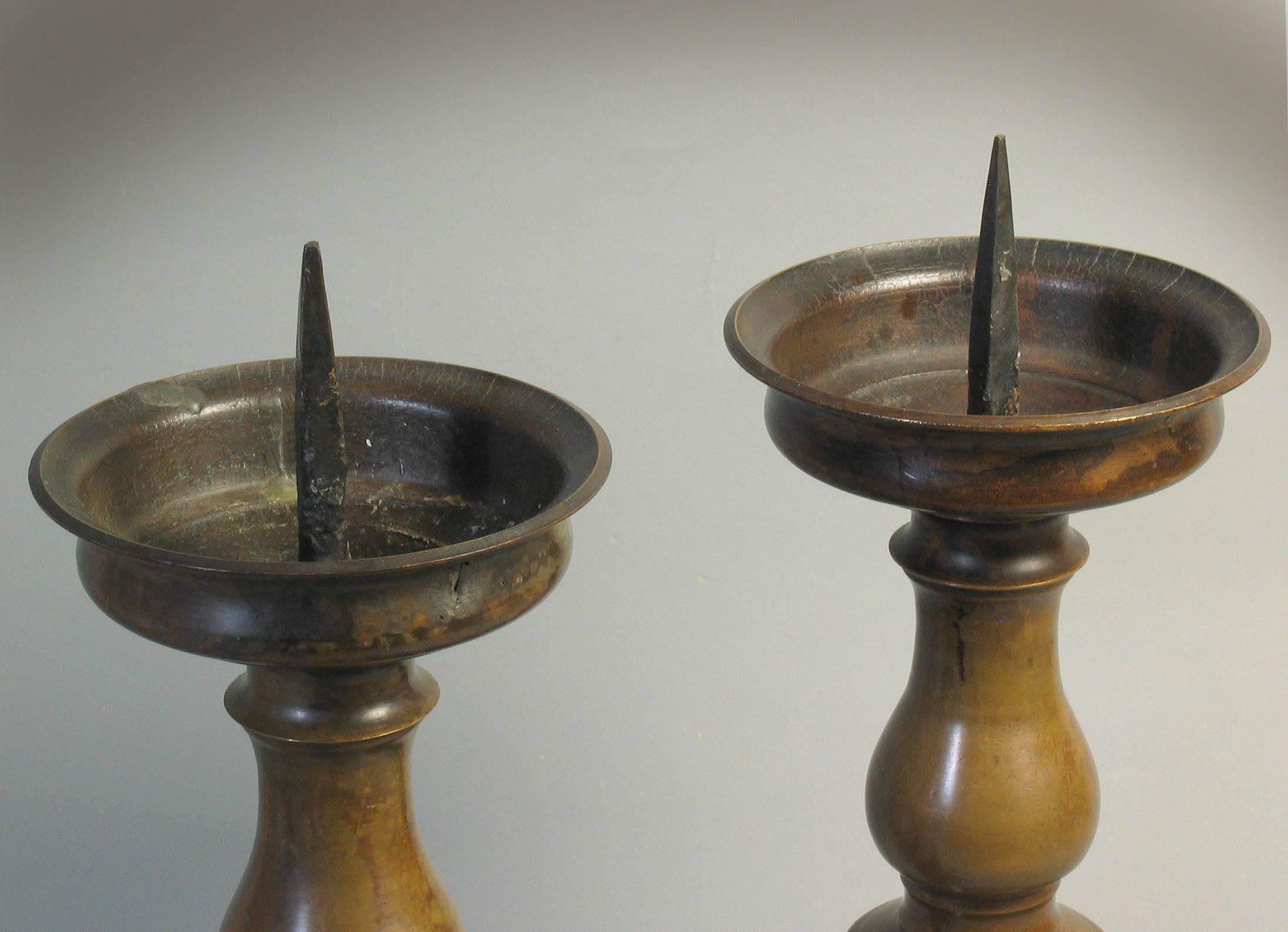 Dutch Fine Pair of 17th Century Style Flemish Patinated Bronze Pricket Candlesticks