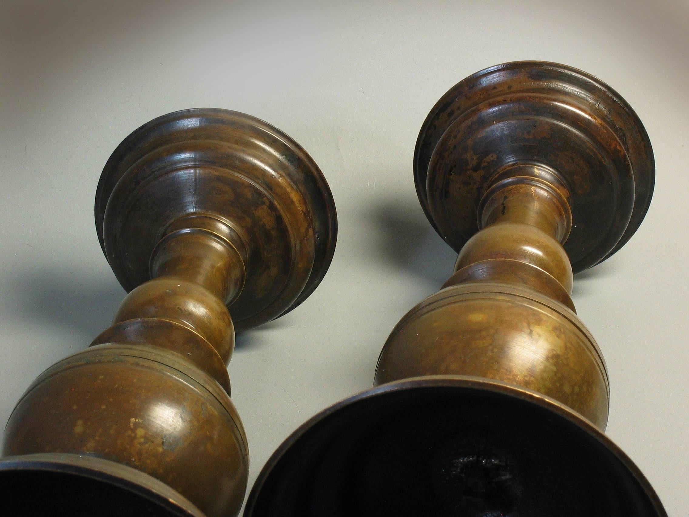 19th Century Fine Pair of 17th Century Style Flemish Patinated Bronze Pricket Candlesticks