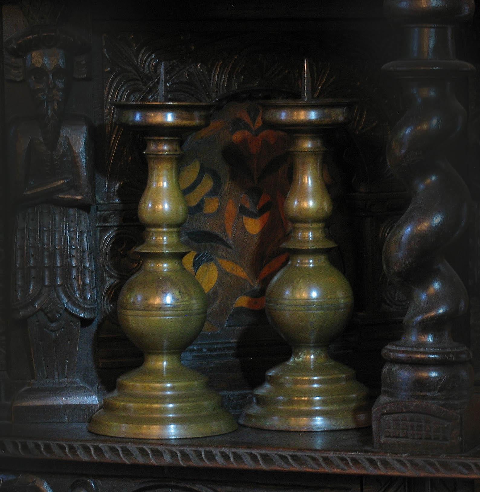 Fine Pair of 17th Century Style Flemish Patinated Bronze Pricket Candlesticks 1