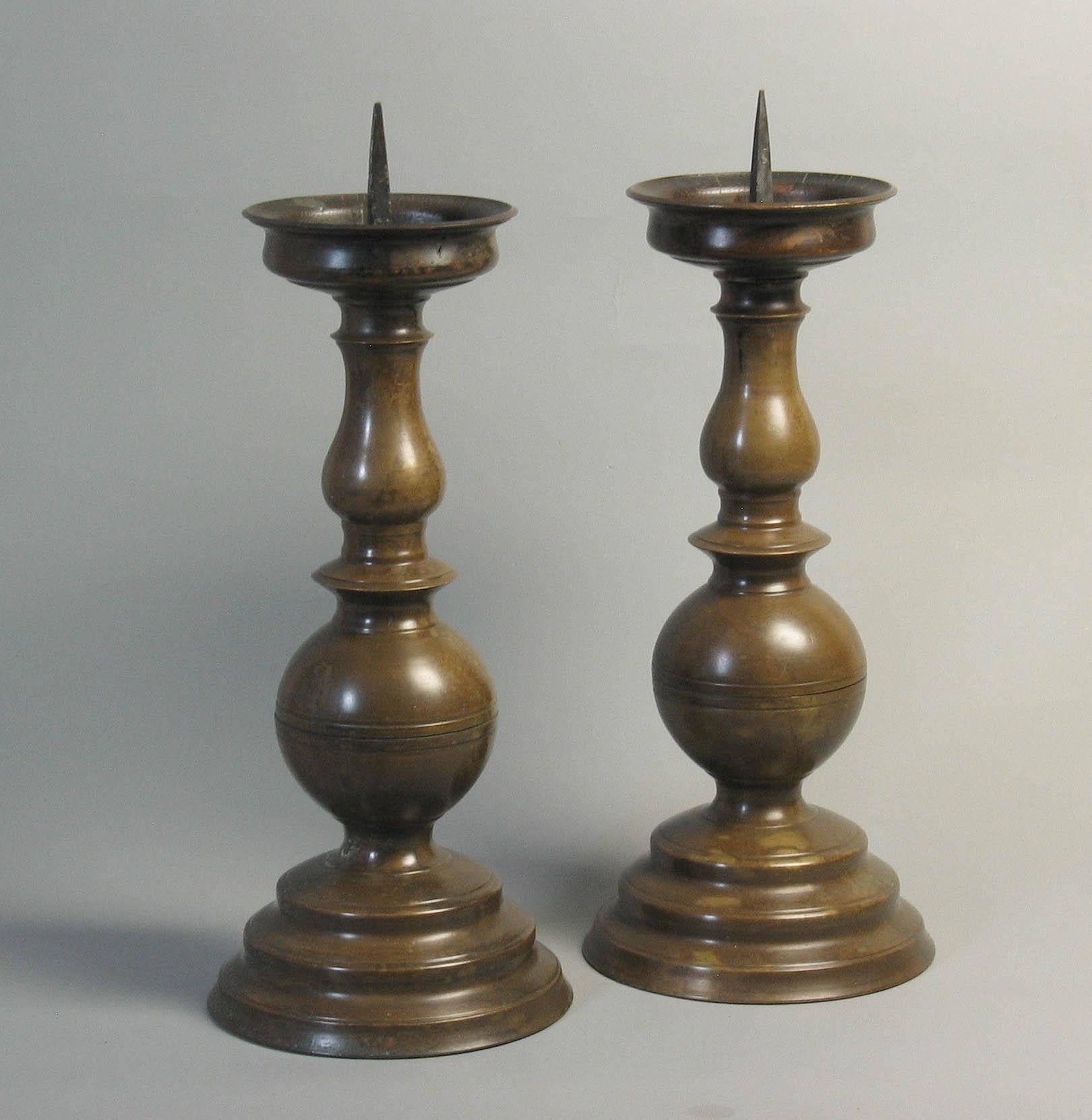 Fine Pair of 17th Century Style Flemish Patinated Bronze Pricket Candlesticks 2