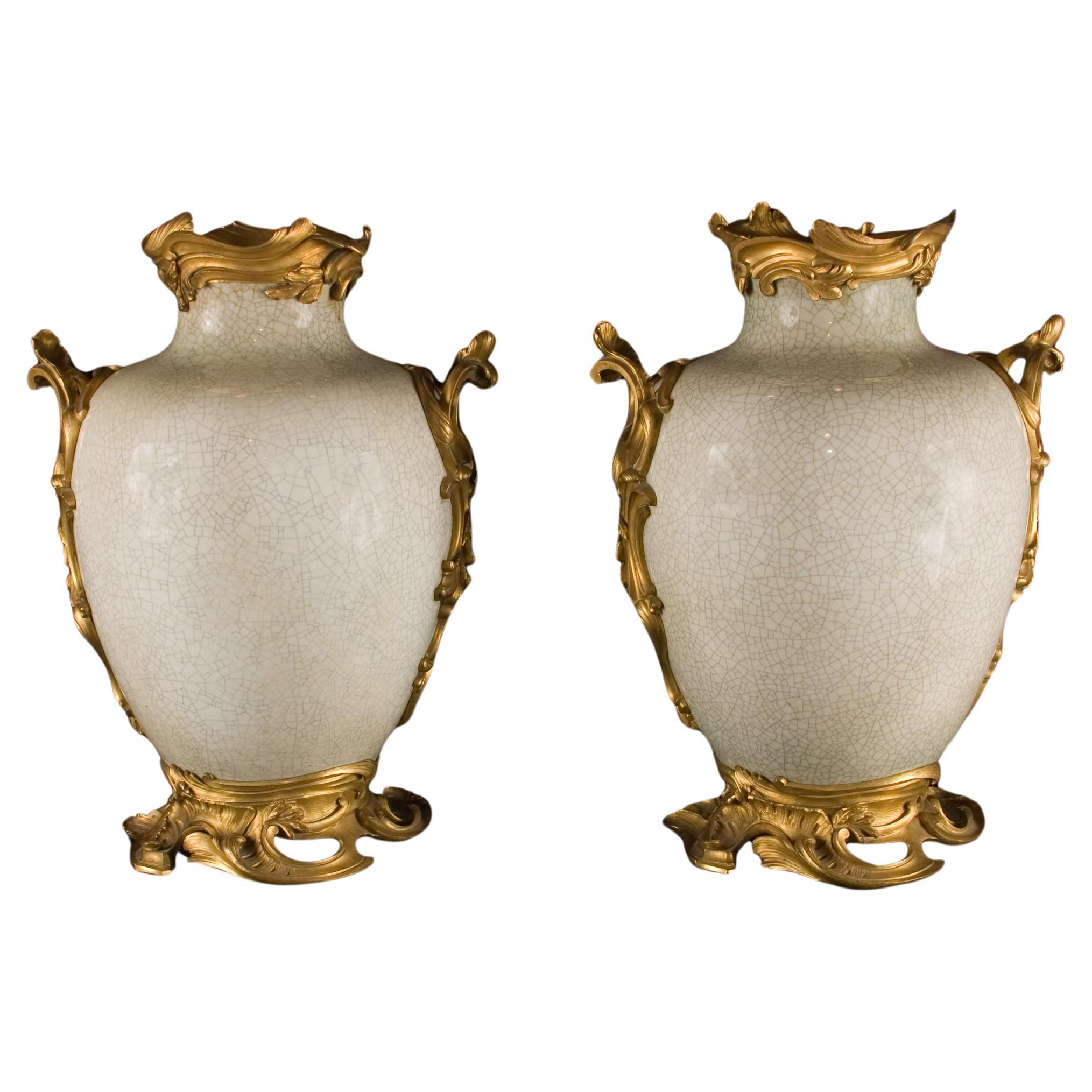 Fine Pair of 18th Century Chinese Craqule Vases with Bronze Mounts