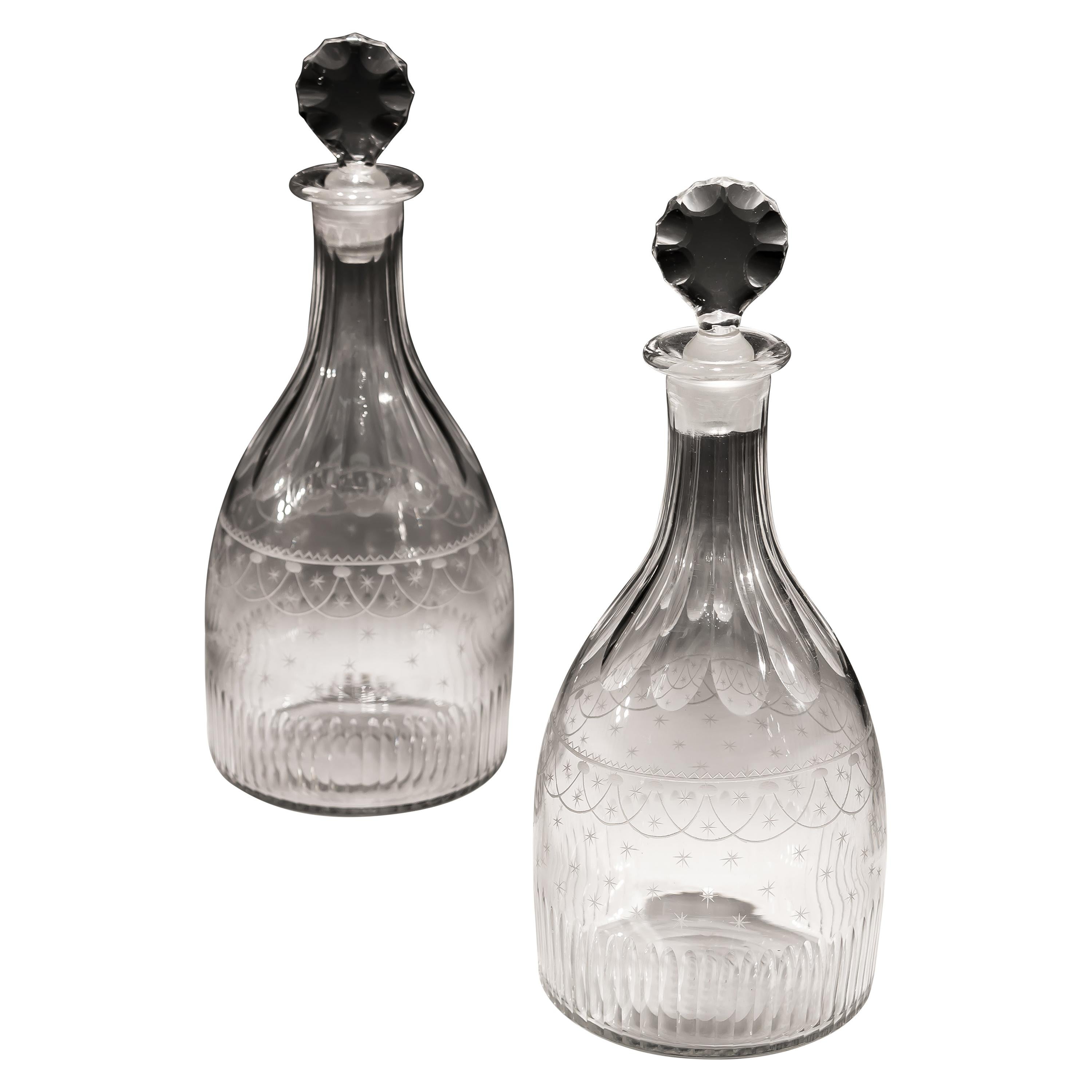 Fine Pair of 18th Century Decanters Engraved with Swags and Stars For Sale