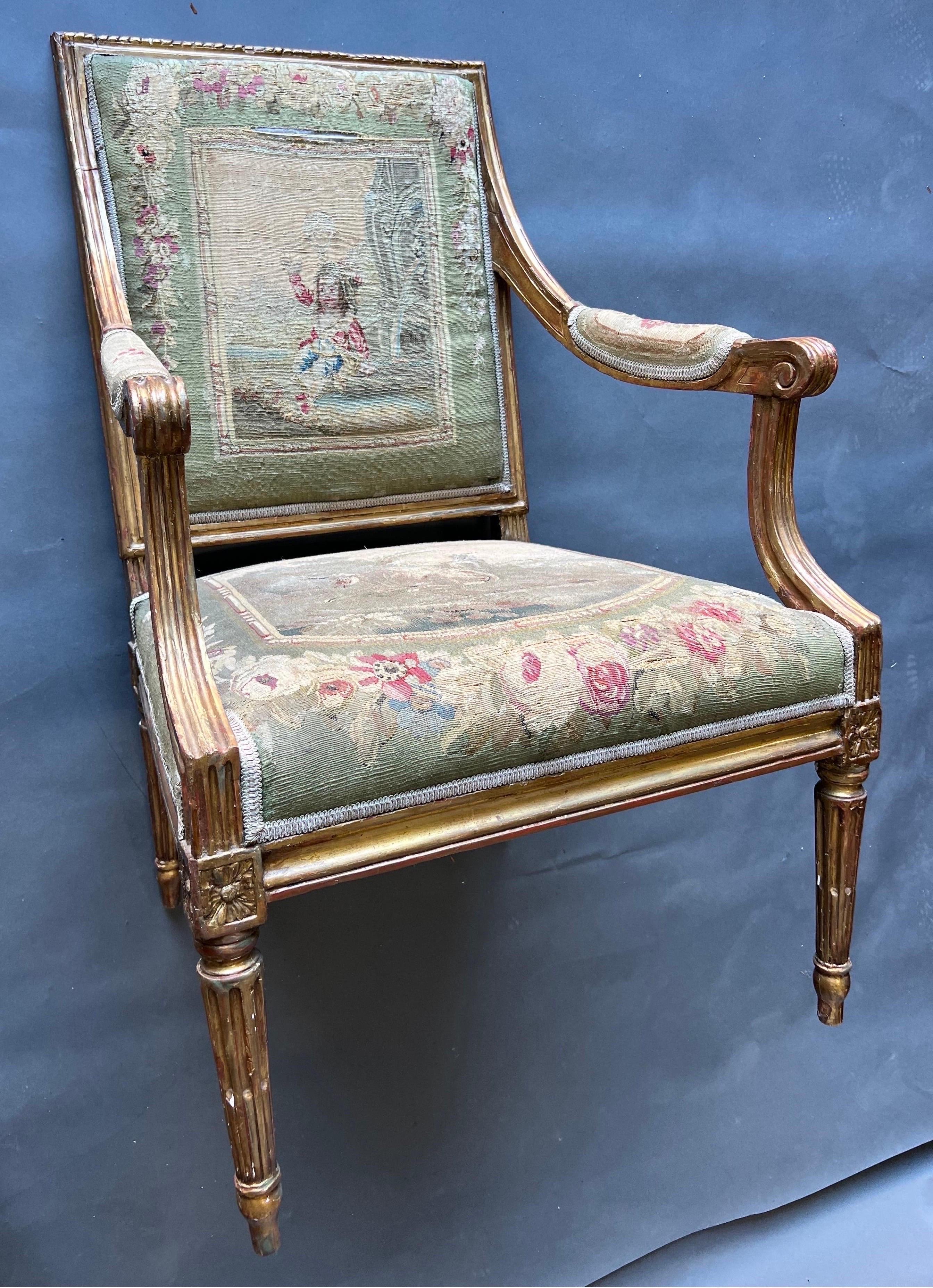 Fine pair of 18th century French Aubusson upholstered Fauteuils For Sale 6