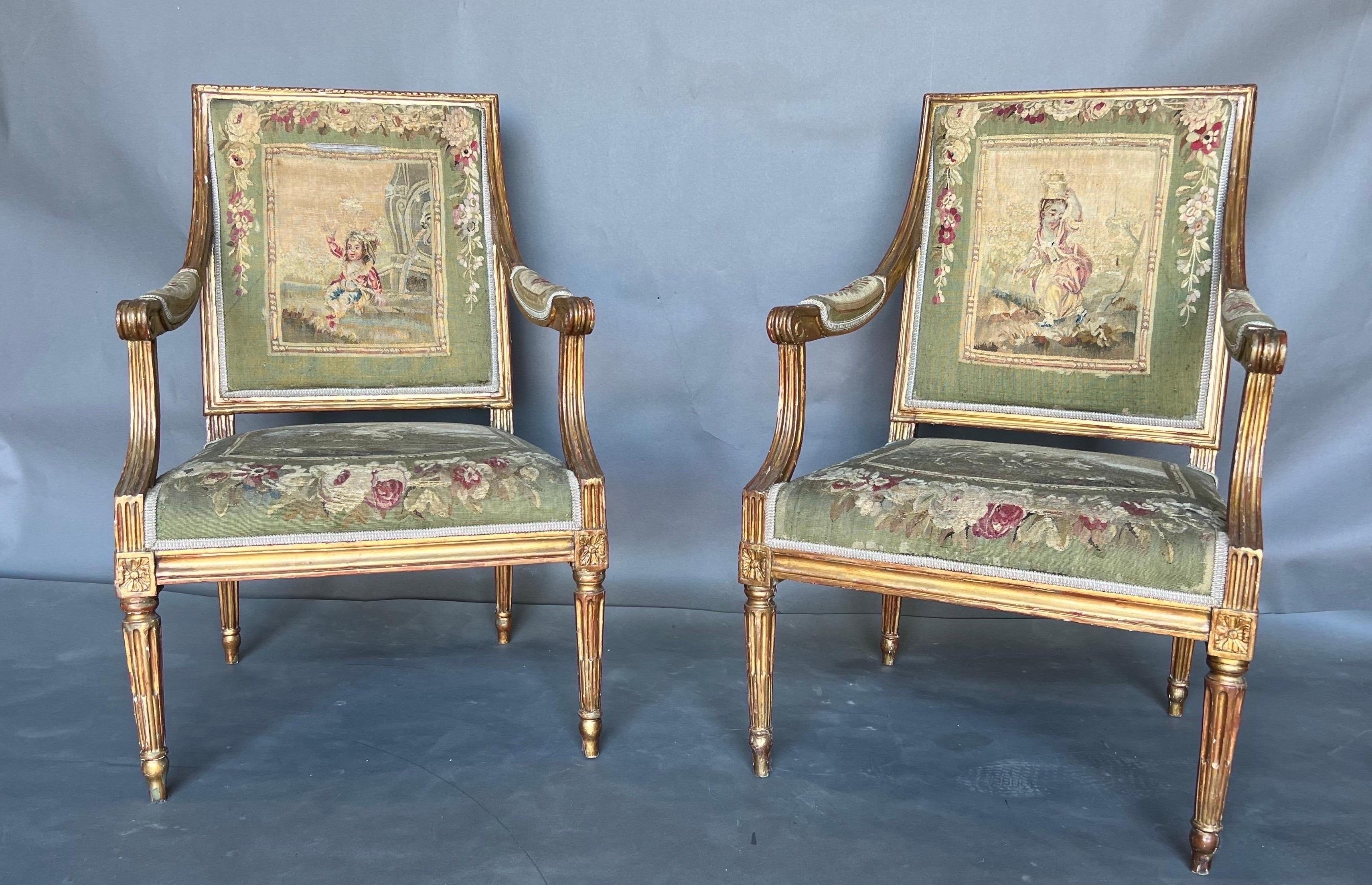 Very fine pair of 18th Century French Fauteuils covered in aubusson tapestry from an incredible home in the Carlyle Hotel, NYC.
