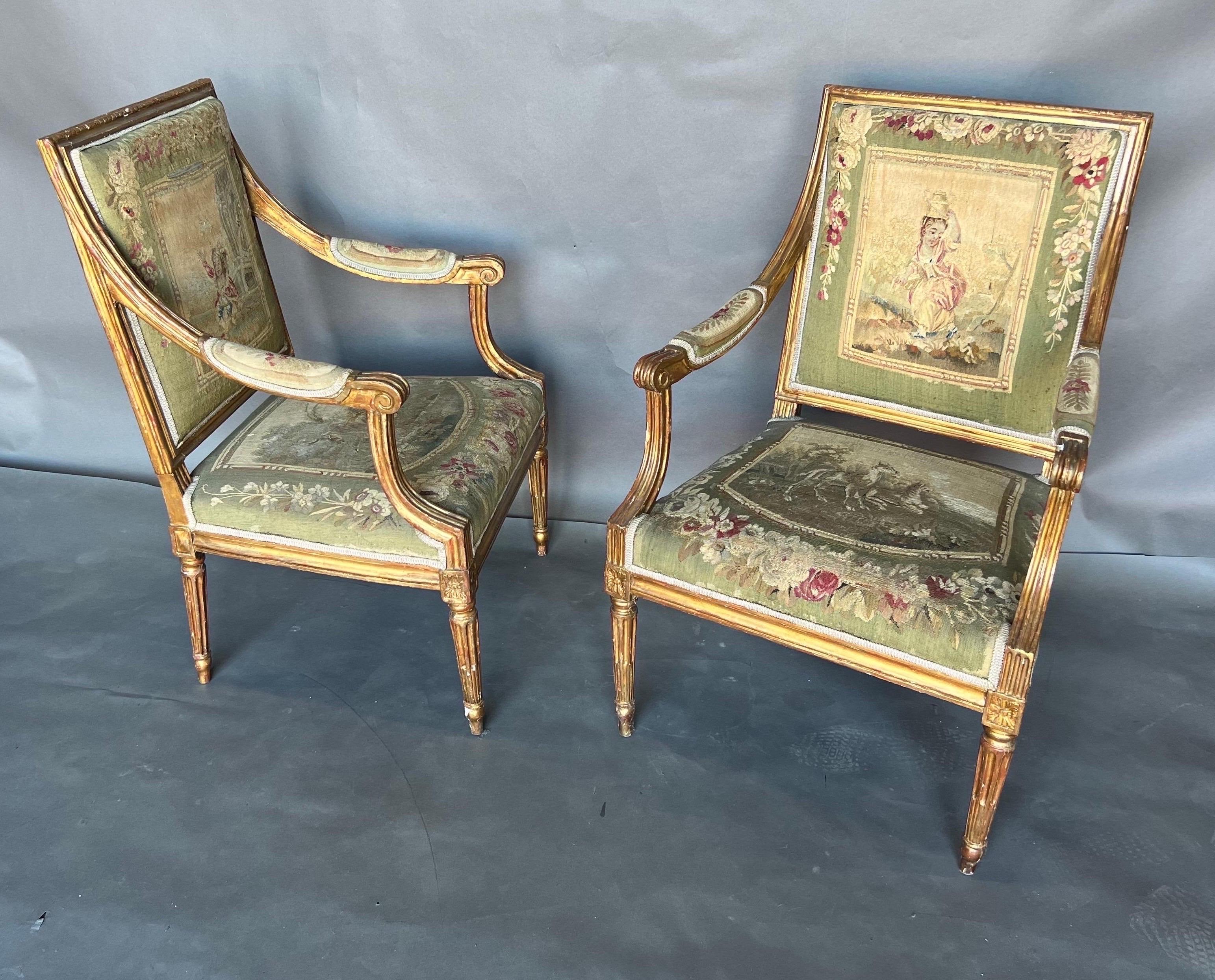 Fine pair of 18th century French Aubusson upholstered Fauteuils In Good Condition For Sale In Charleston, SC