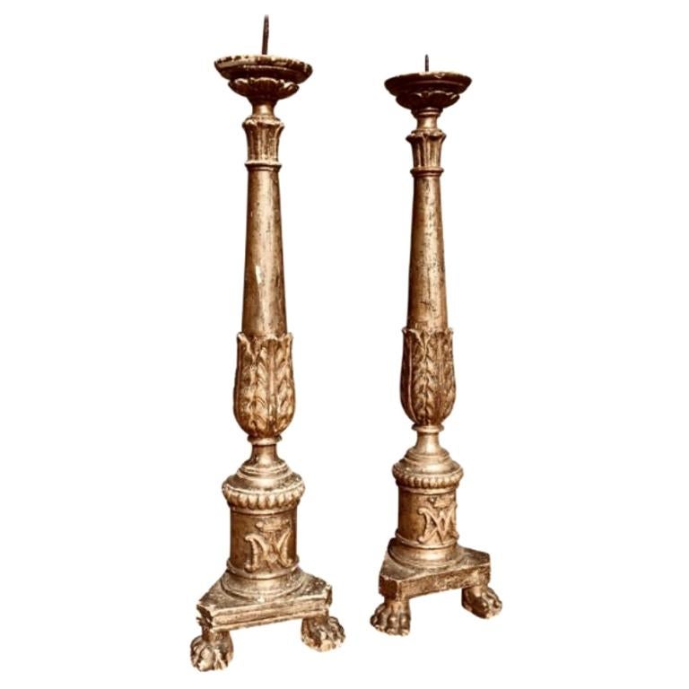 Fine Pair of 18th Century French Carved Giltwood Pricket Sticks For Sale