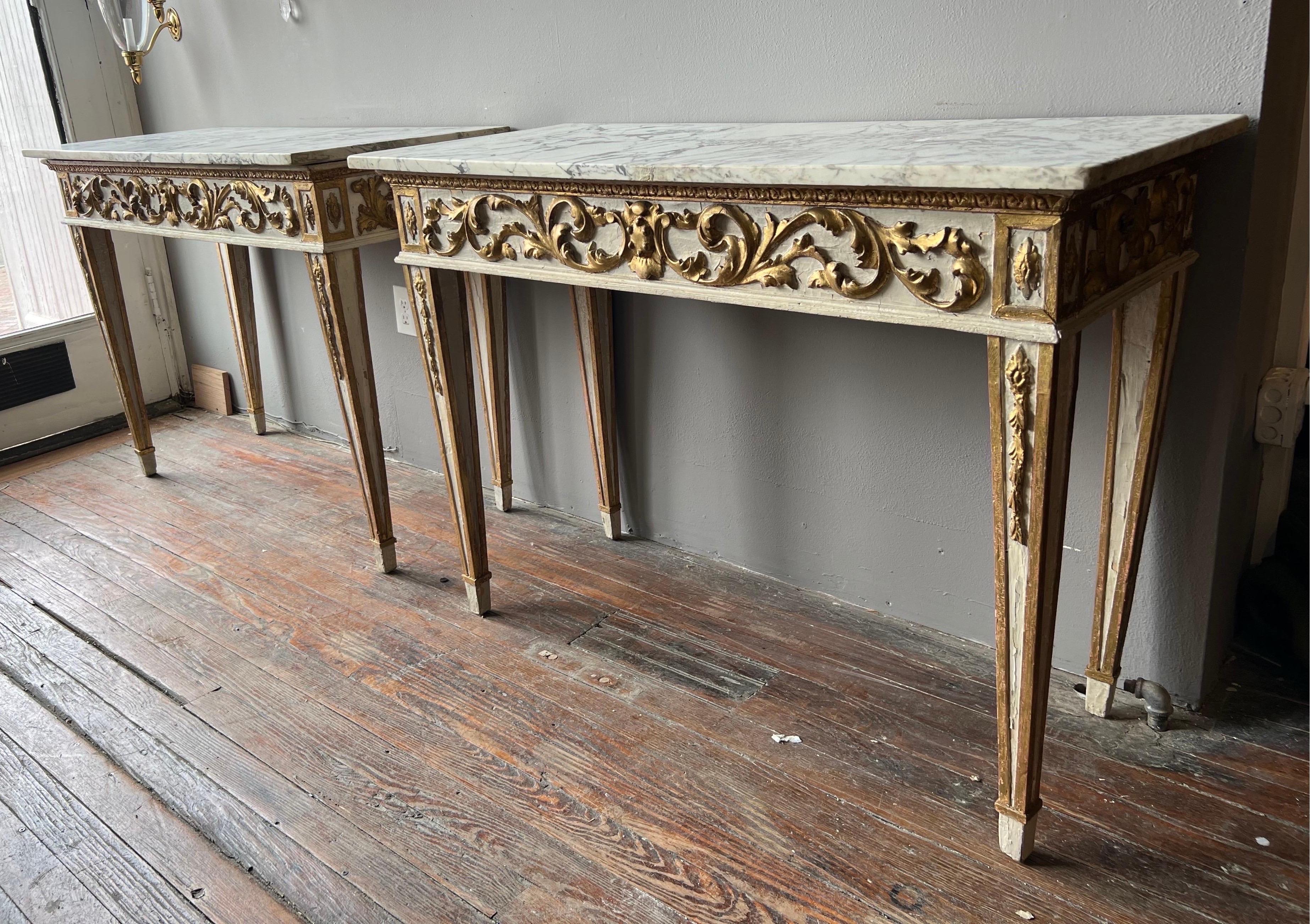 18th Century and Earlier Fine Pair of 18th Century French Neoclassical Giltwood Marble Top Consoles