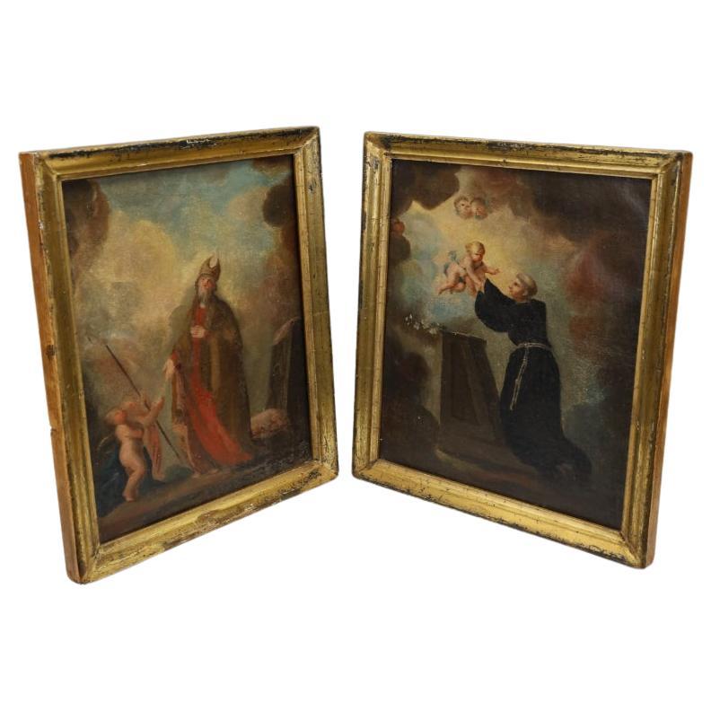 Paire de peintures à l'huile religieuses et dévotionnelles françaises du XVIIIe siècle