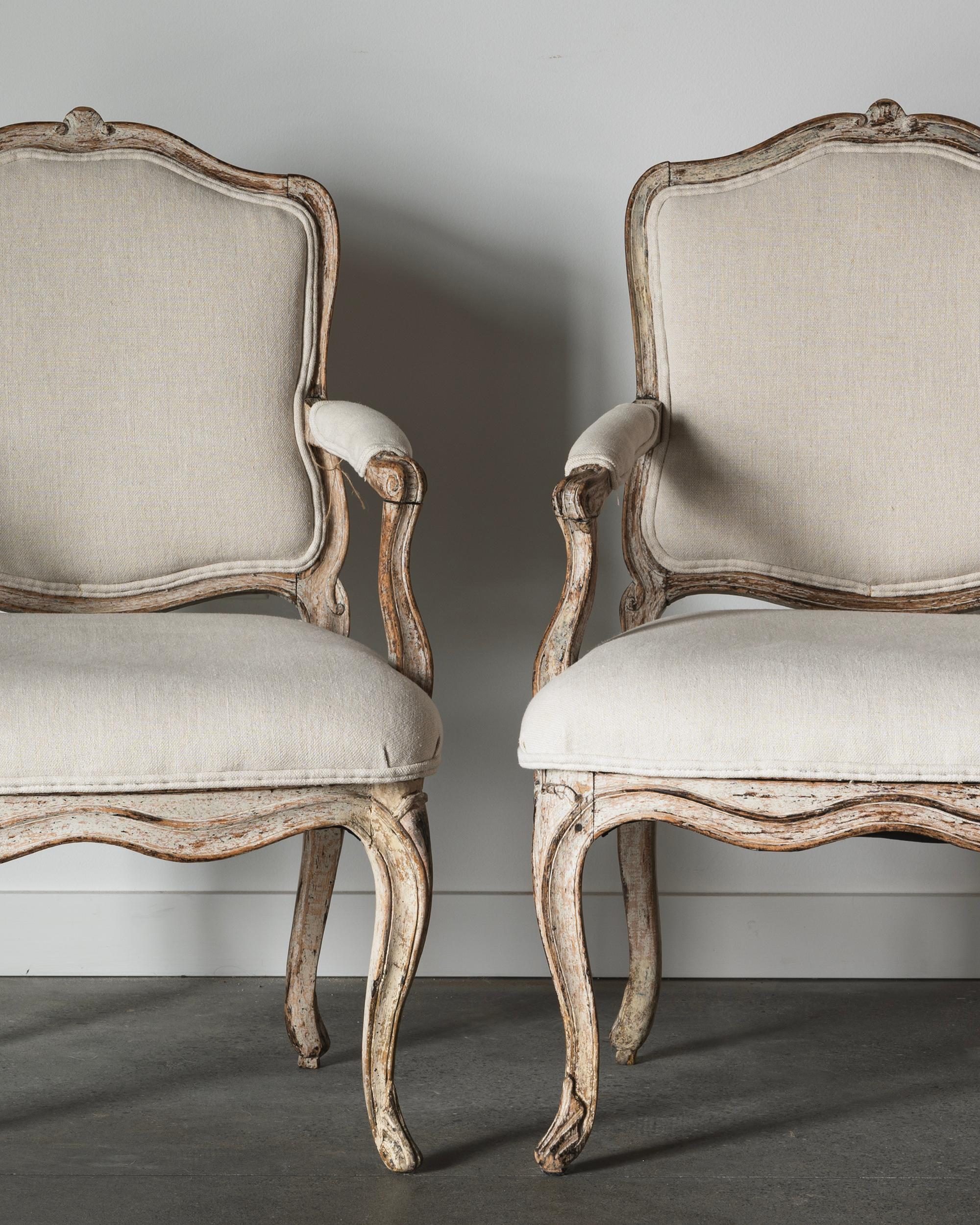 Fine pair of Swedish 18th century Rococo armchairs in their original finish. Ca 1760 Sweden. 