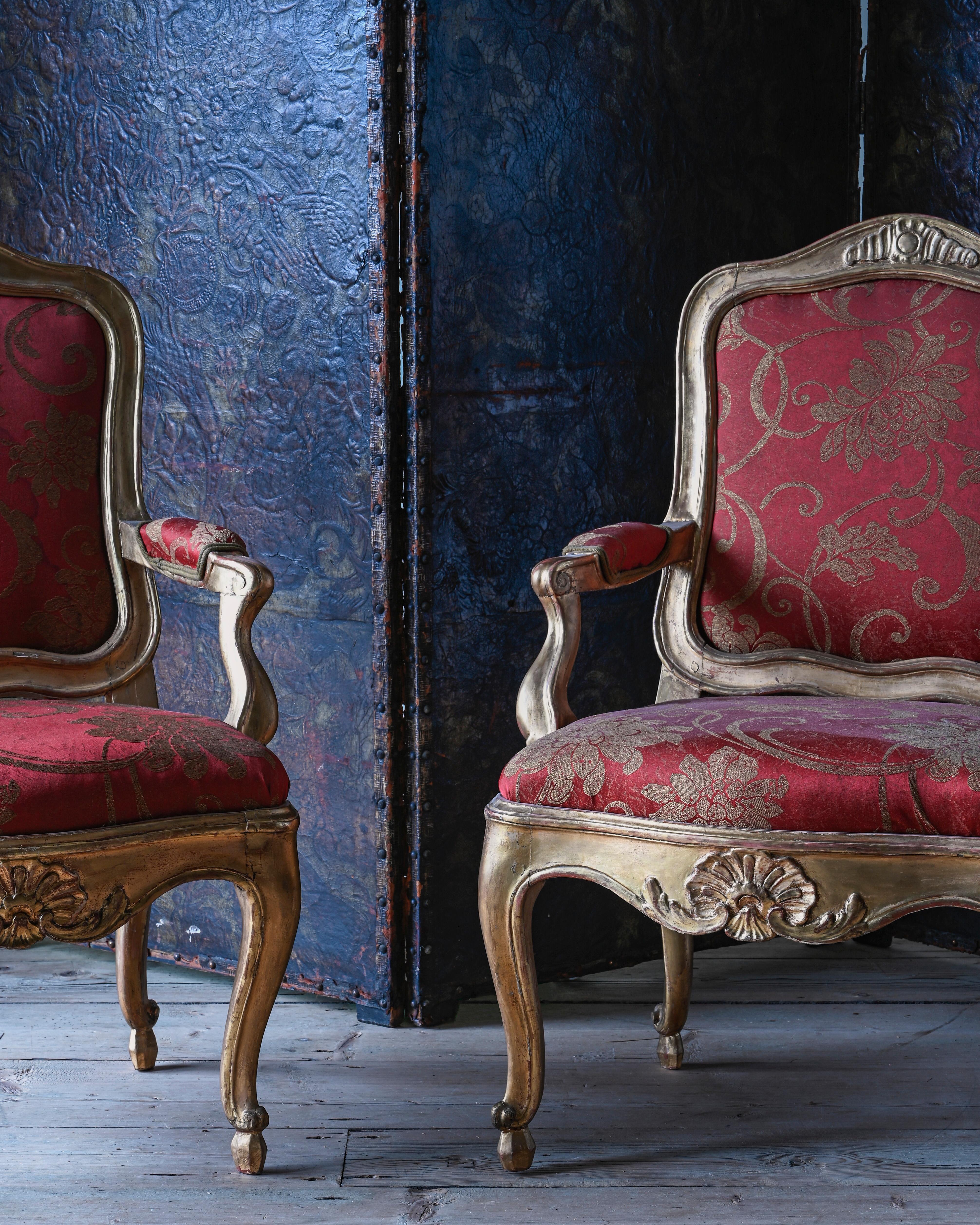 Gilt Fine Pair of 18th Century Swedish Rococo Armchairs For Sale