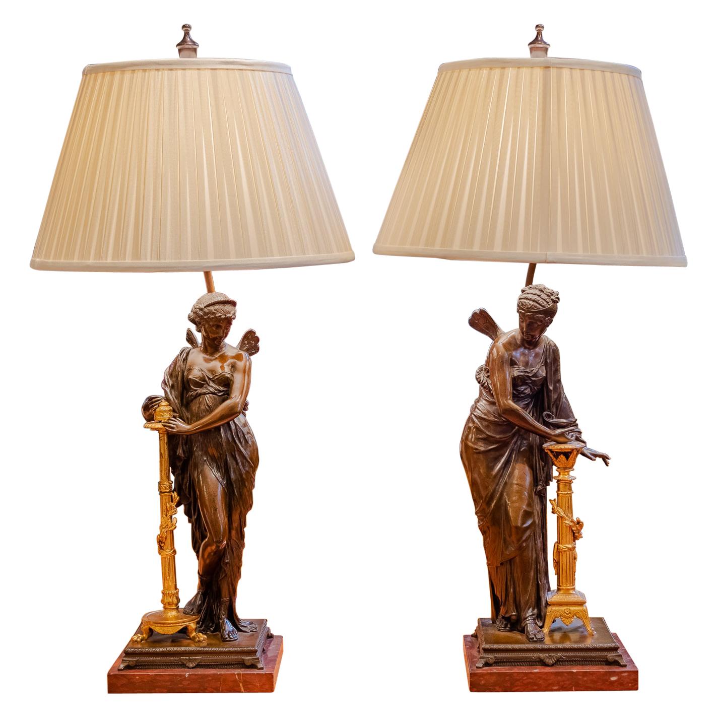 Fine Pair of 19h C Bronze Classical Fairies Lamps with Gilt Decorations