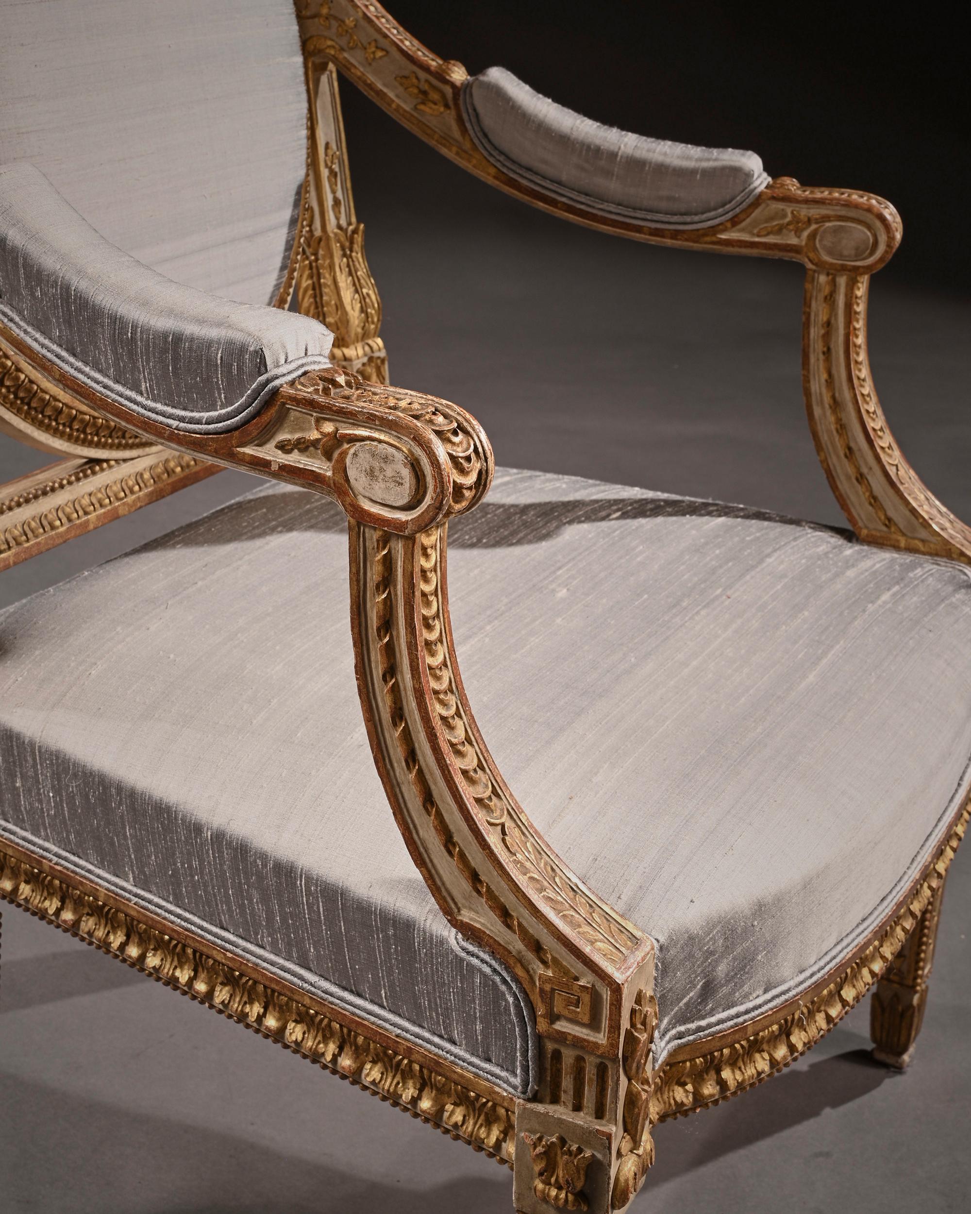 Fine Pair of 19th C Decorative Italian Painted and Parcel Gilt Armchairs of Neo- For Sale 5