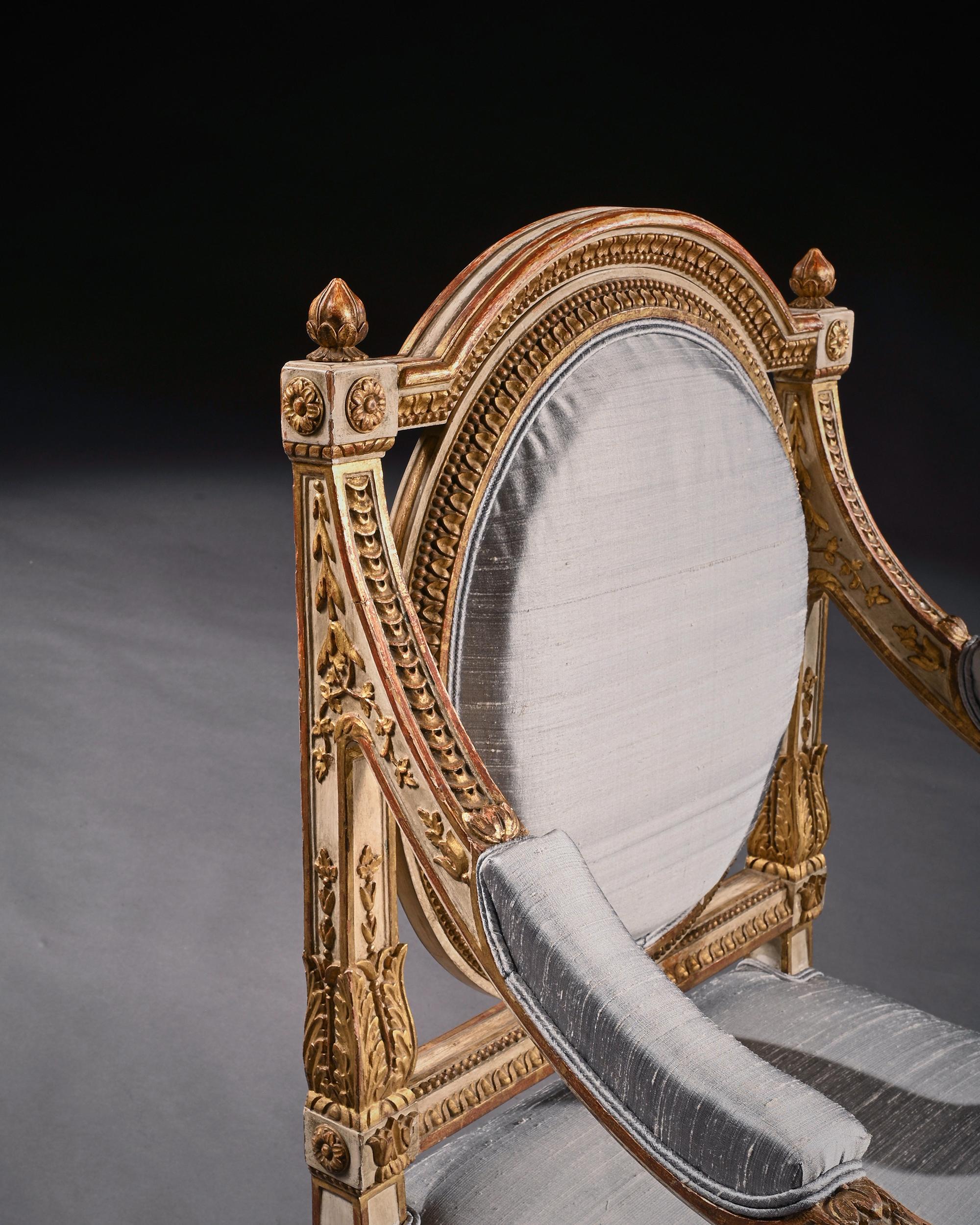 Fine Pair of 19th C Decorative Italian Painted and Parcel Gilt Armchairs of Neo- For Sale 6