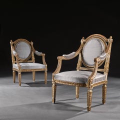 Fine Pair of 19th C Decorative Italian Painted and Parcel Gilt Armchairs of Neo-
