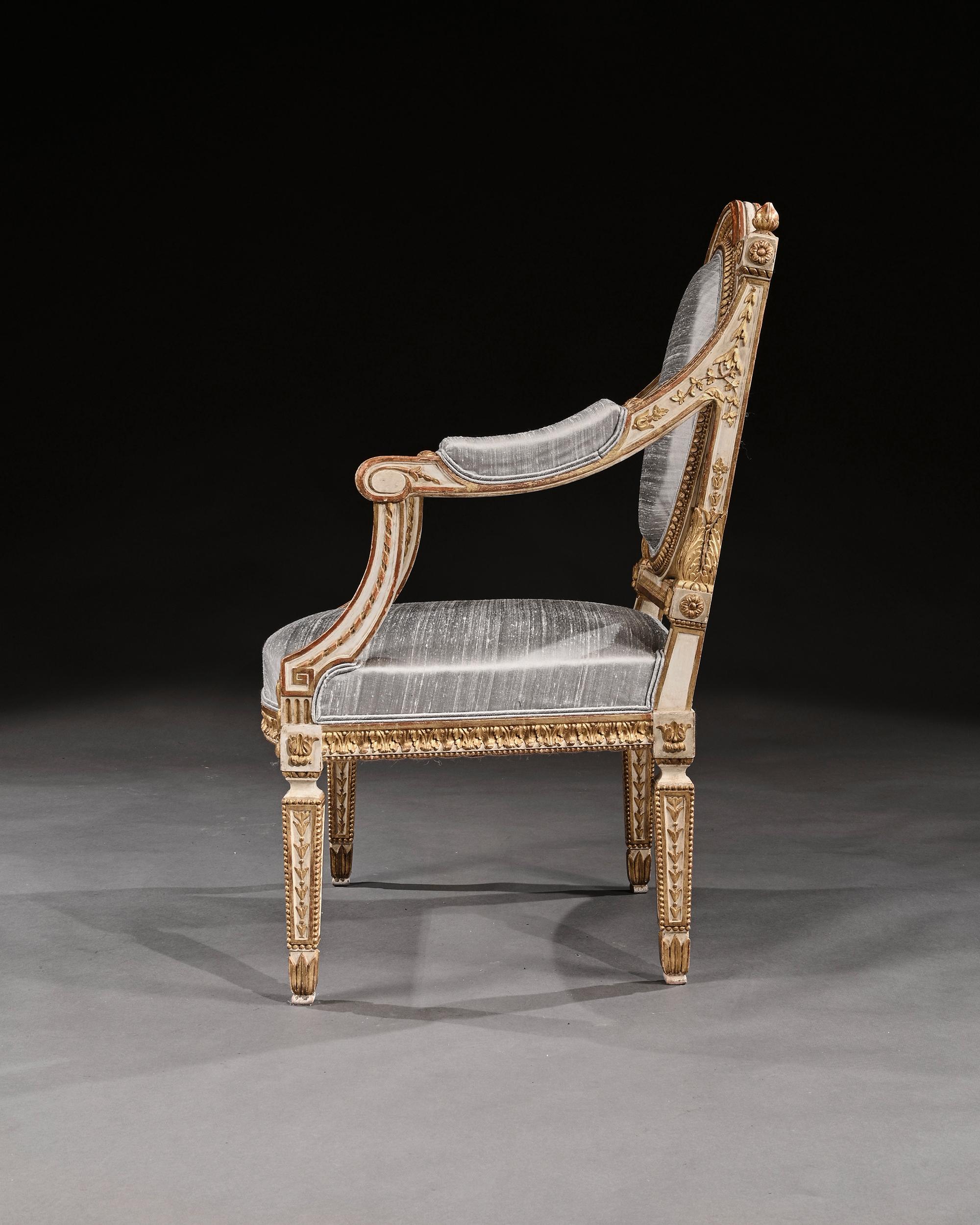 Beech Fine Pair of 19th C Decorative Italian Painted and Parcel Gilt Armchairs of Neo- For Sale