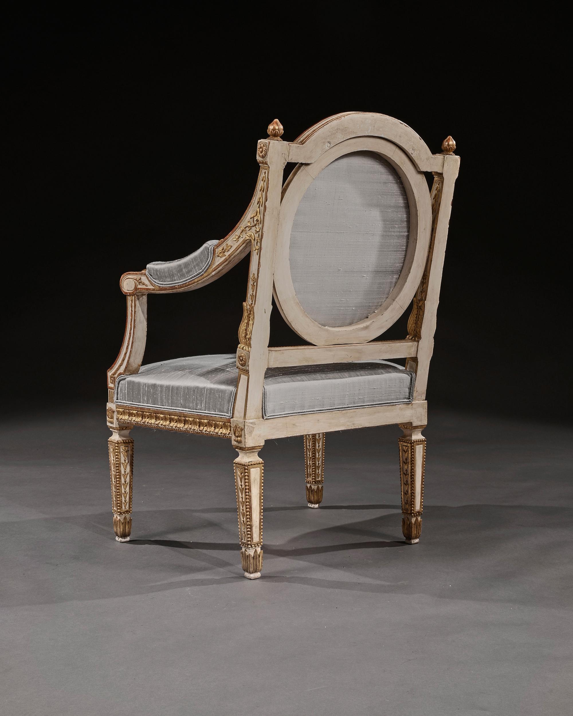 Fine Pair of 19th C Decorative Italian Painted and Parcel Gilt Armchairs of Neo- For Sale 1